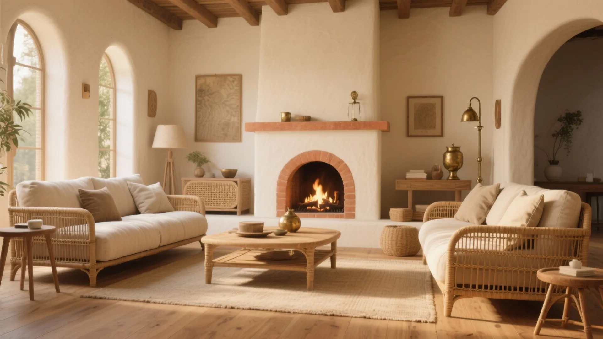 Warm mediterranean living room with white sofas fireplace wooden beams arched windows and cozy neutral rug