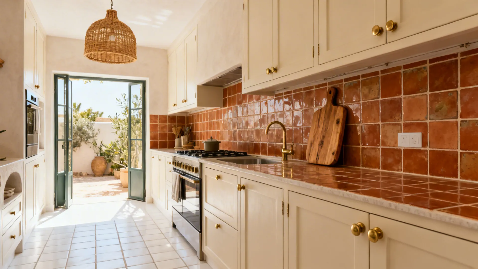 Cream kitchen cabinets with terracotta wall tiles wicker ceiling light and open door to garden