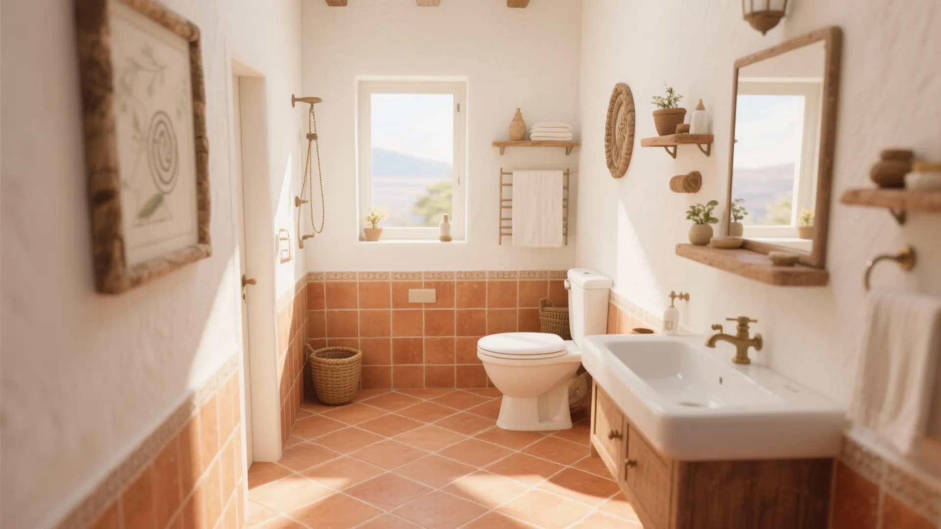 Rustic bathroom with terracotta tiles, white toilet, wooden cabinet, mirror, sink, and bright window light