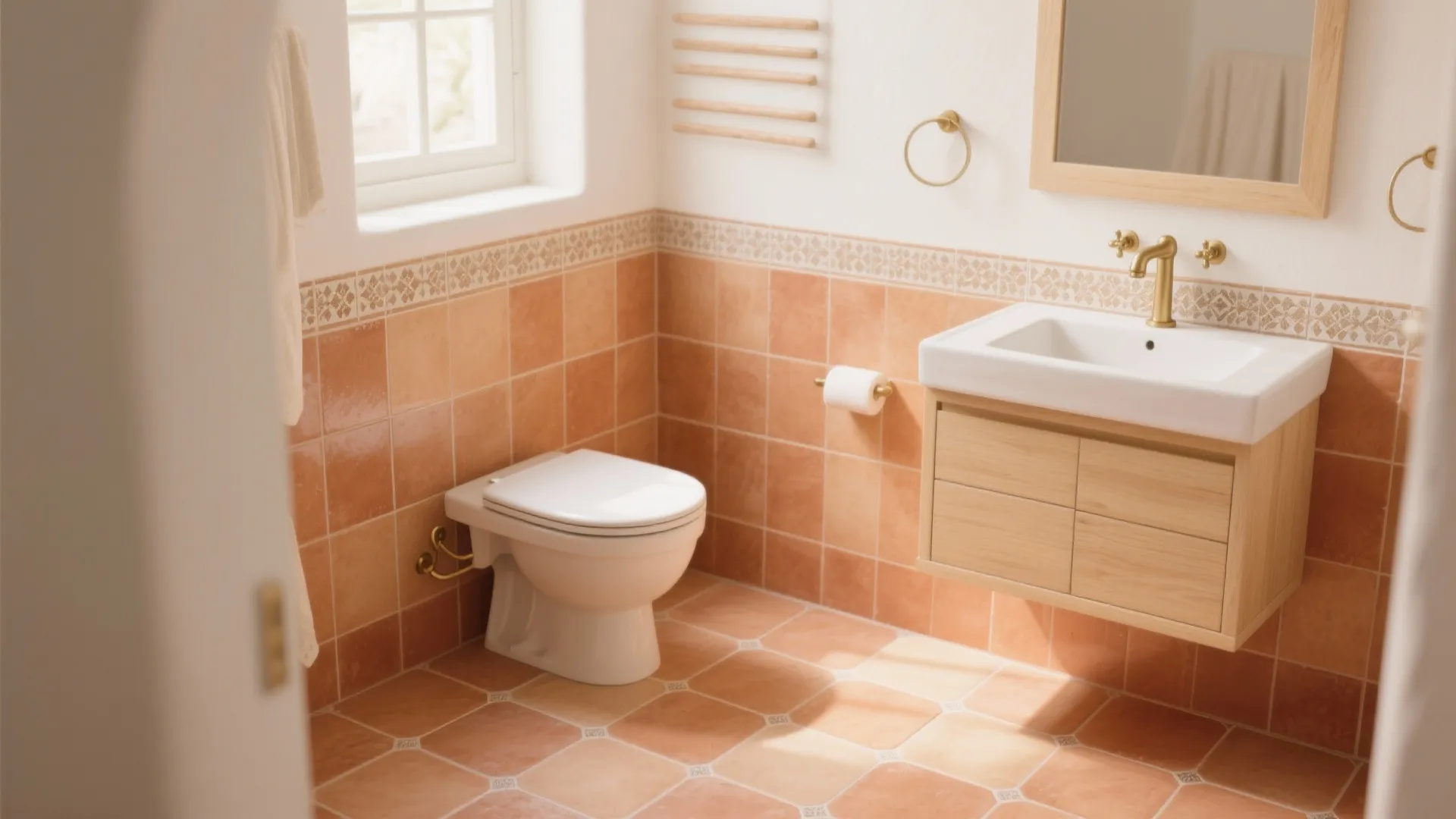 Cream zellige-look walls with terracotta-look porcelain floor create a warm small bathroom.