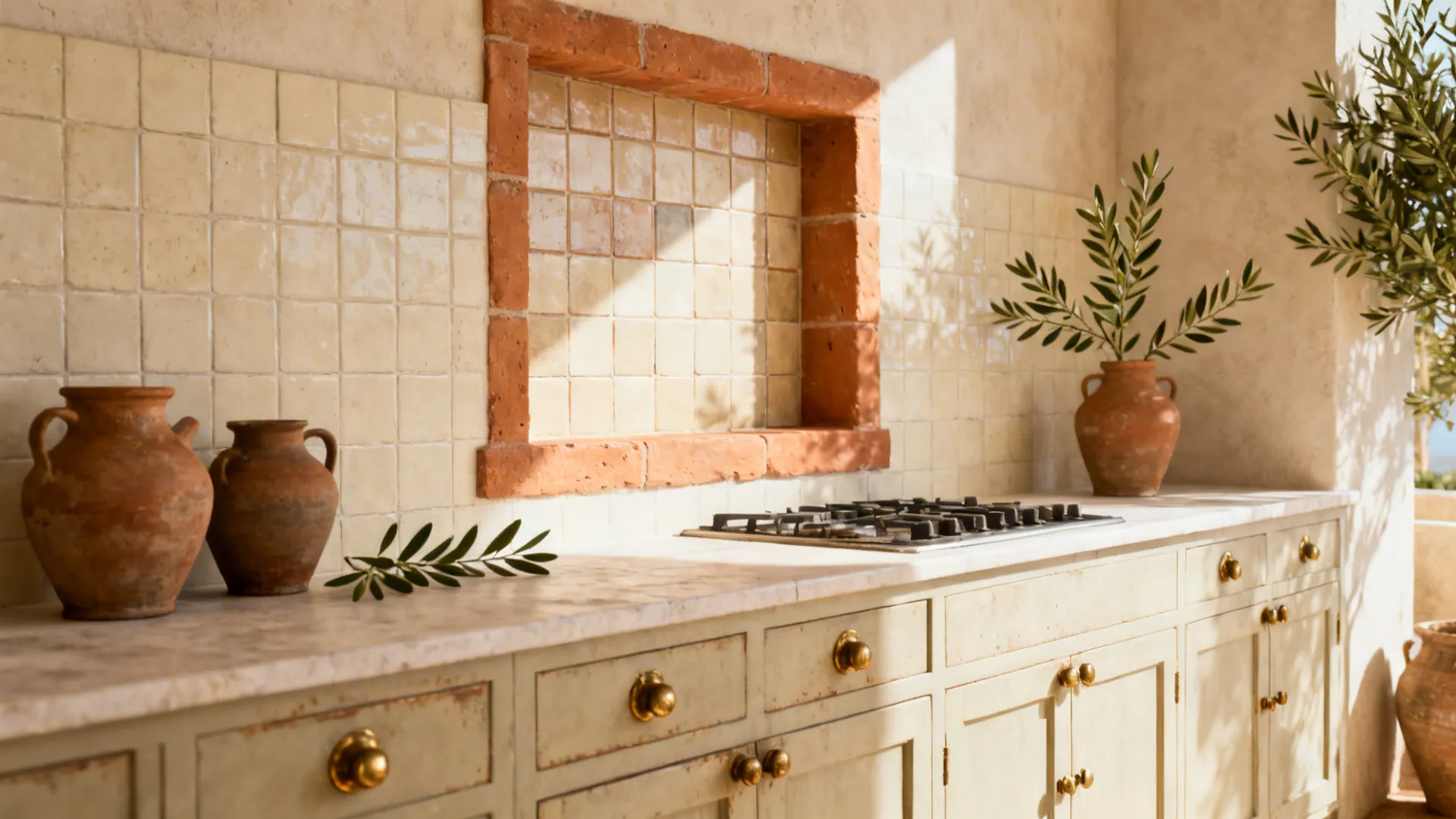 Mediterranean kitchen counter with cream cabinets brass knobs beige wall tiles terracotta jars and plants