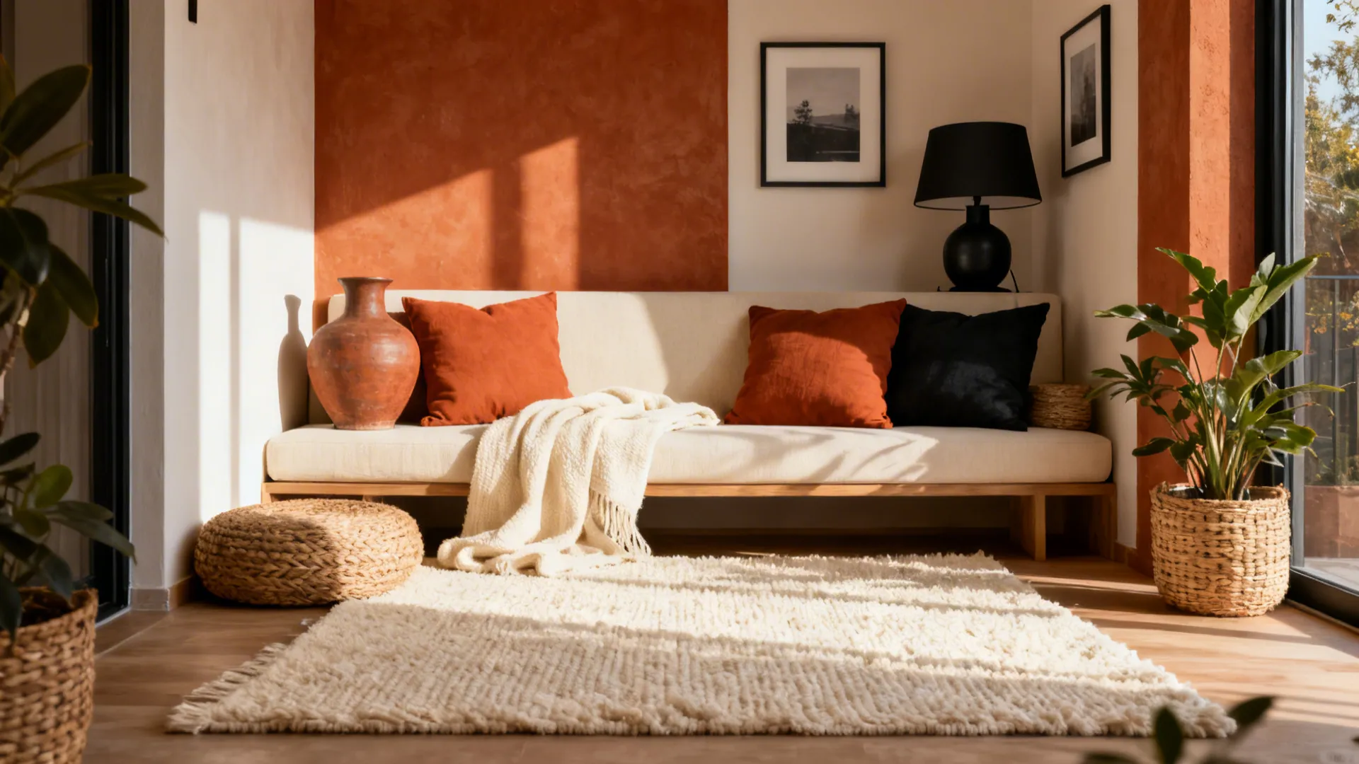 Terracotta cushions with a cream rug and charcoal lamp and frames in warm afternoon light.