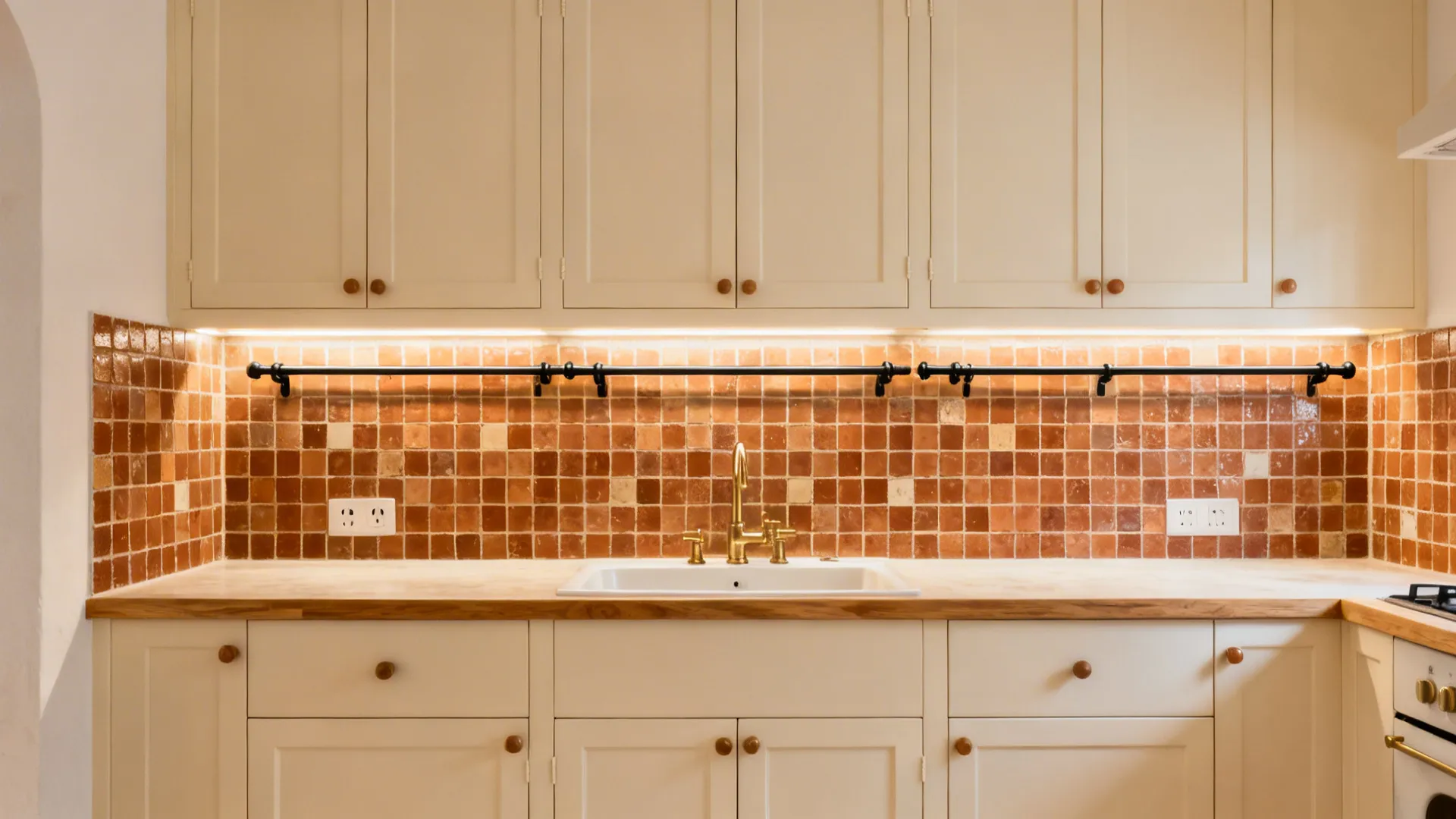 Cinnamon-brown terracotta mosaic backsplash with cream shaker cabinets in warm light.
