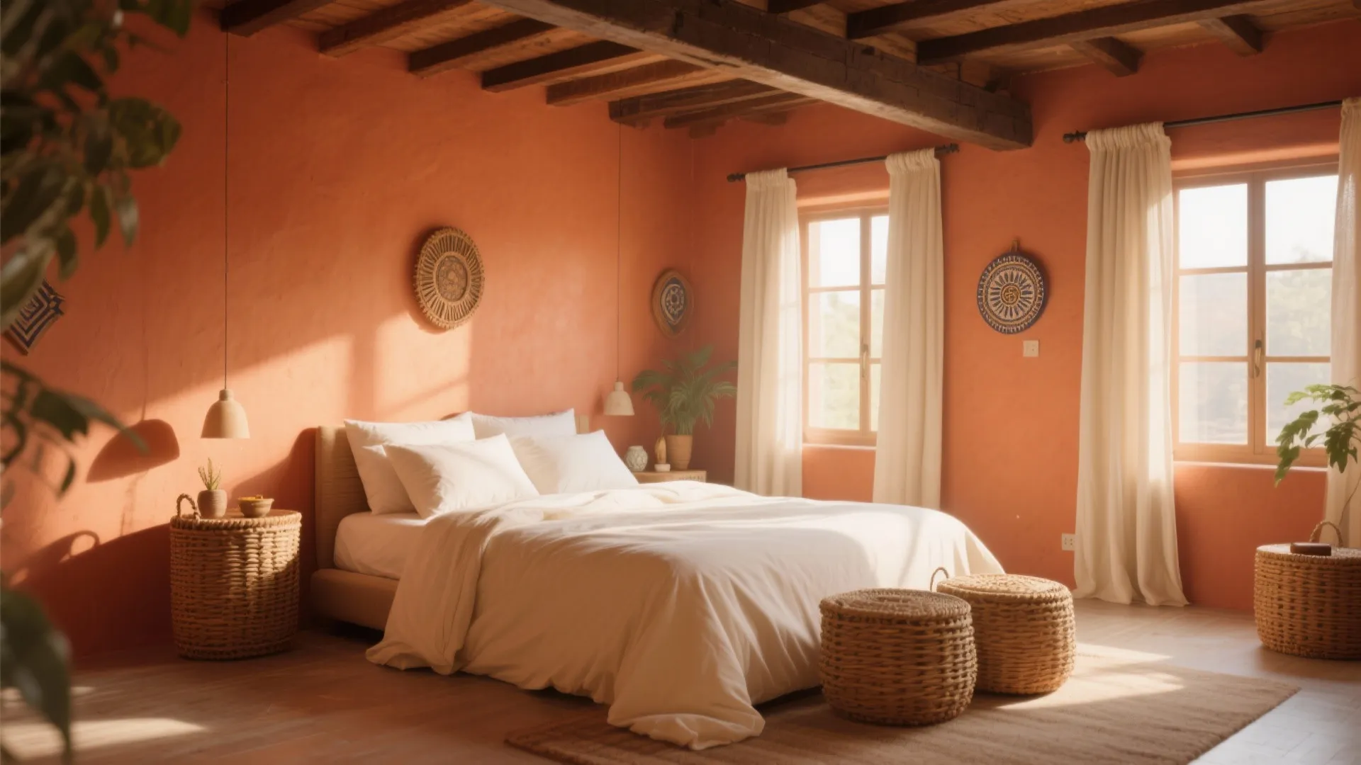 Warm terracotta loft bedroom with cream textiles