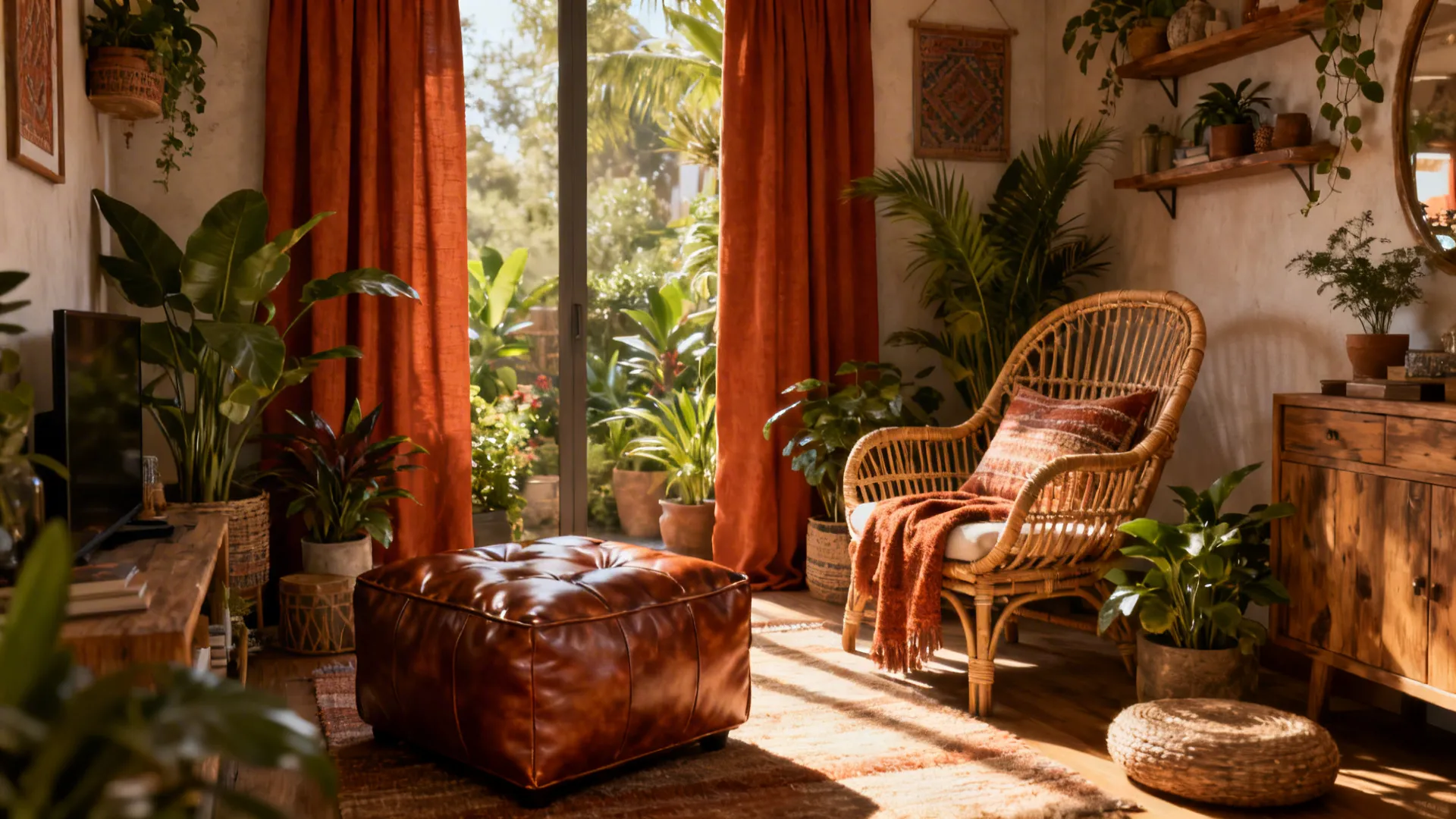 Cozy boho living room with earthy terracotta curtains, rattan chair, leather ottoman and plants.