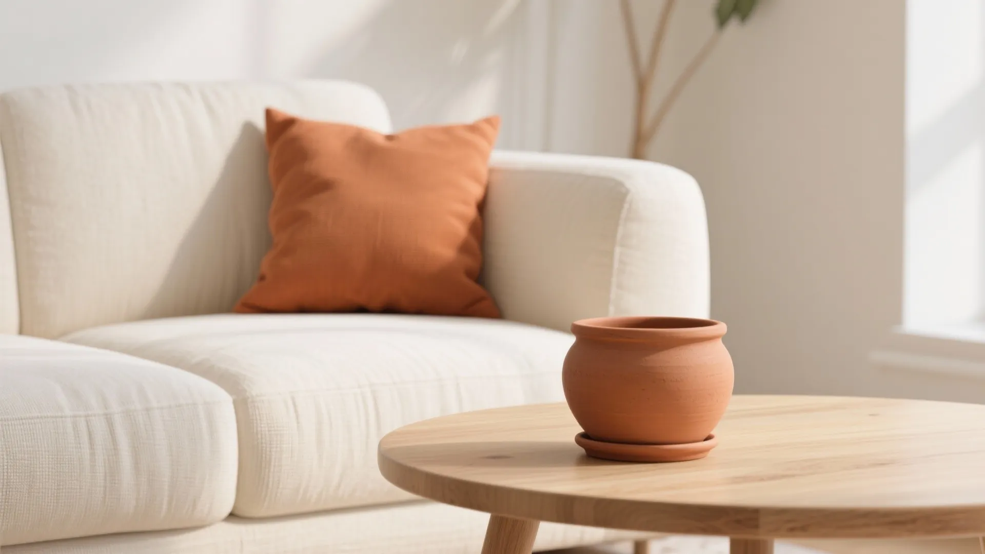 Close up of small clay pot on wooden table with orange pillow on white sofa background