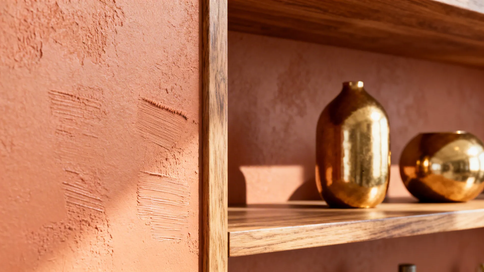 Close-up of soft terracotta wall texture with wooden shelf and brass decor