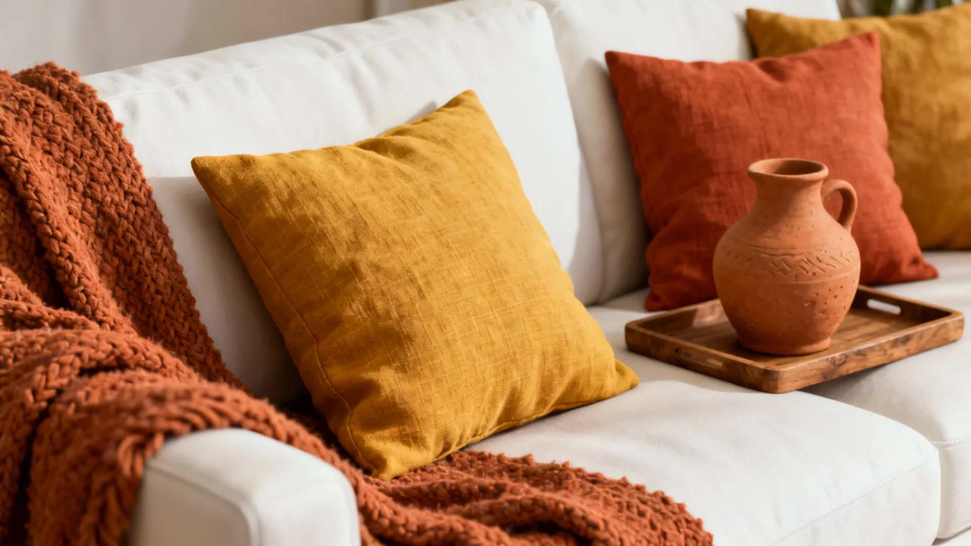White sofa with yellow and orange pillows featuring a brown blanket and a small jar