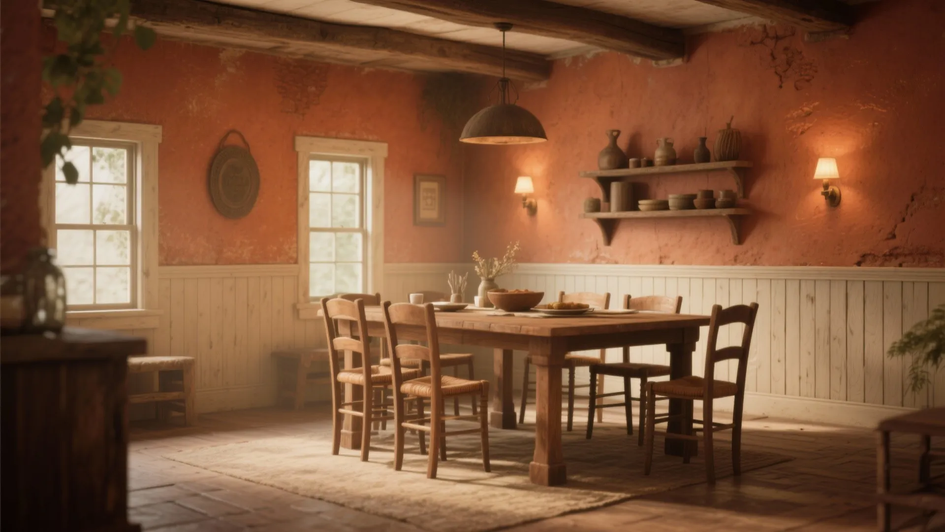 Rustic dining room featuring orange walls wooden table chairs wall lights and decorative wall mounted shelves