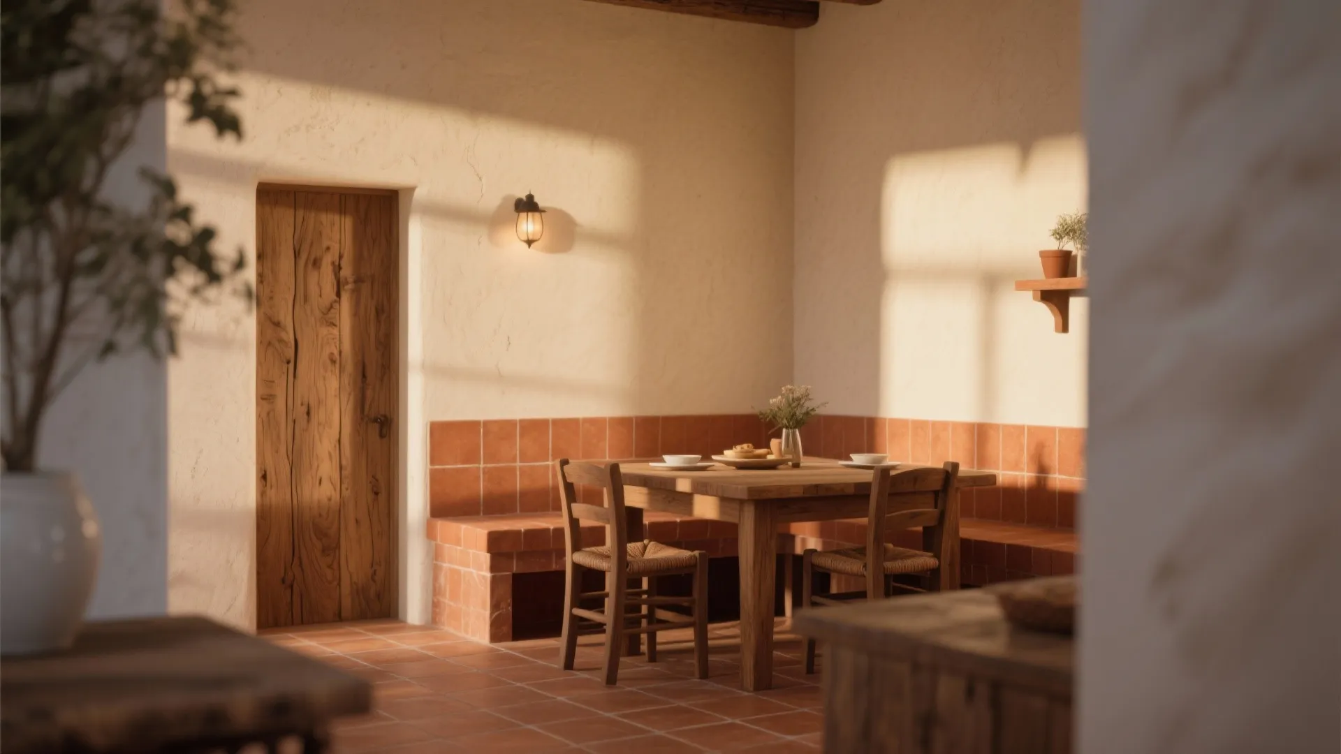 Warm rustic dining room with wooden table and chairs plus terracotta floor and wall light fixture
