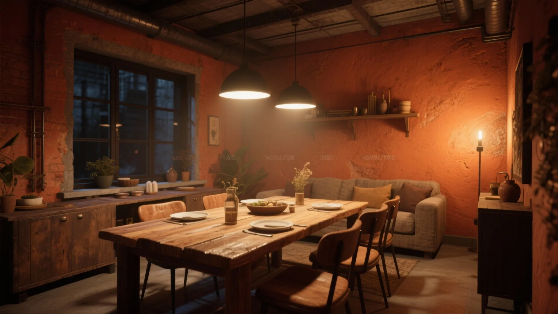 Industrial dining room with orange walls wooden table grey sofa black ceiling light and plants