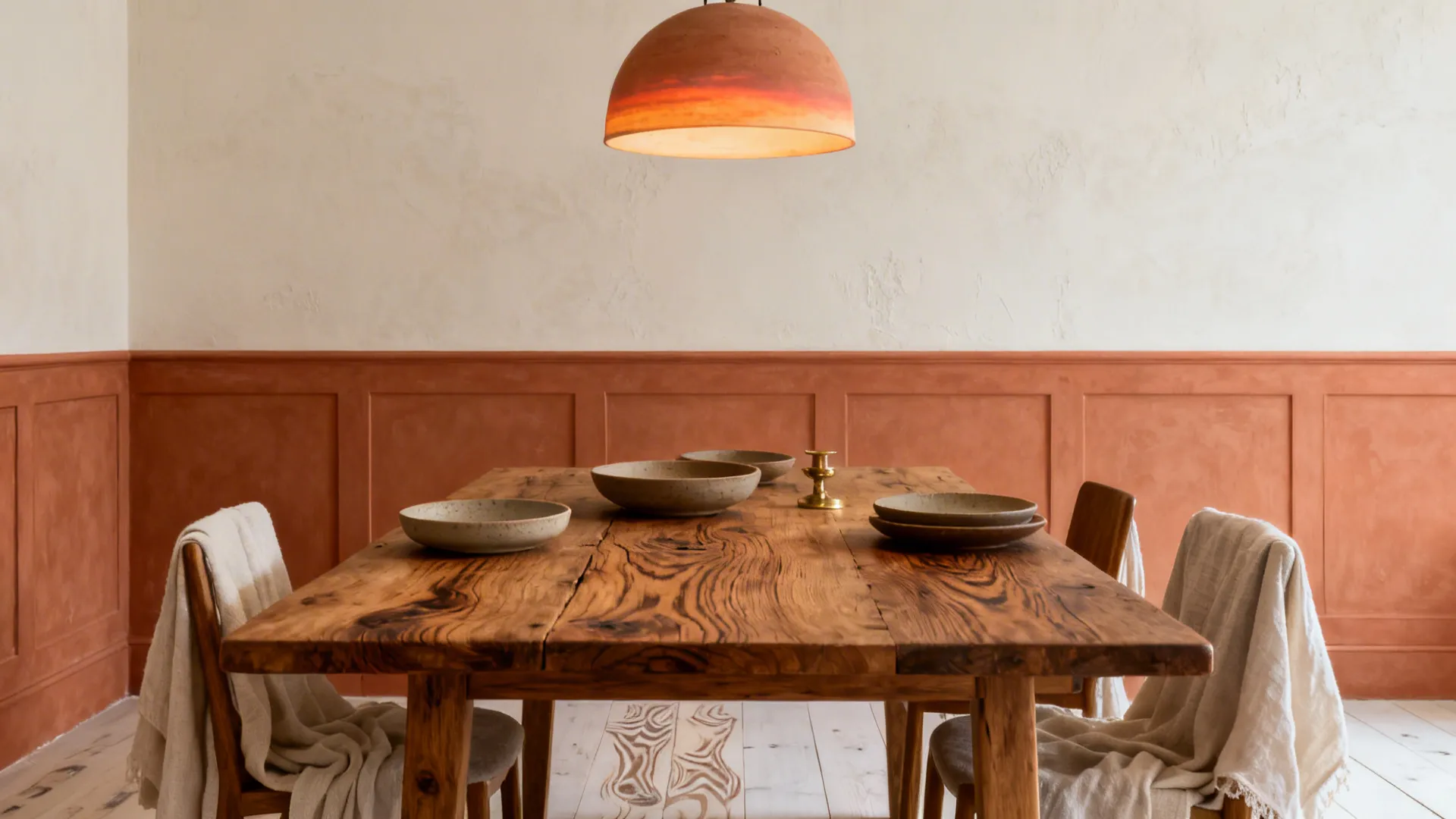 Dining space with muted terracotta wainscot, off-white walls, clay pendant, and rustic wood.