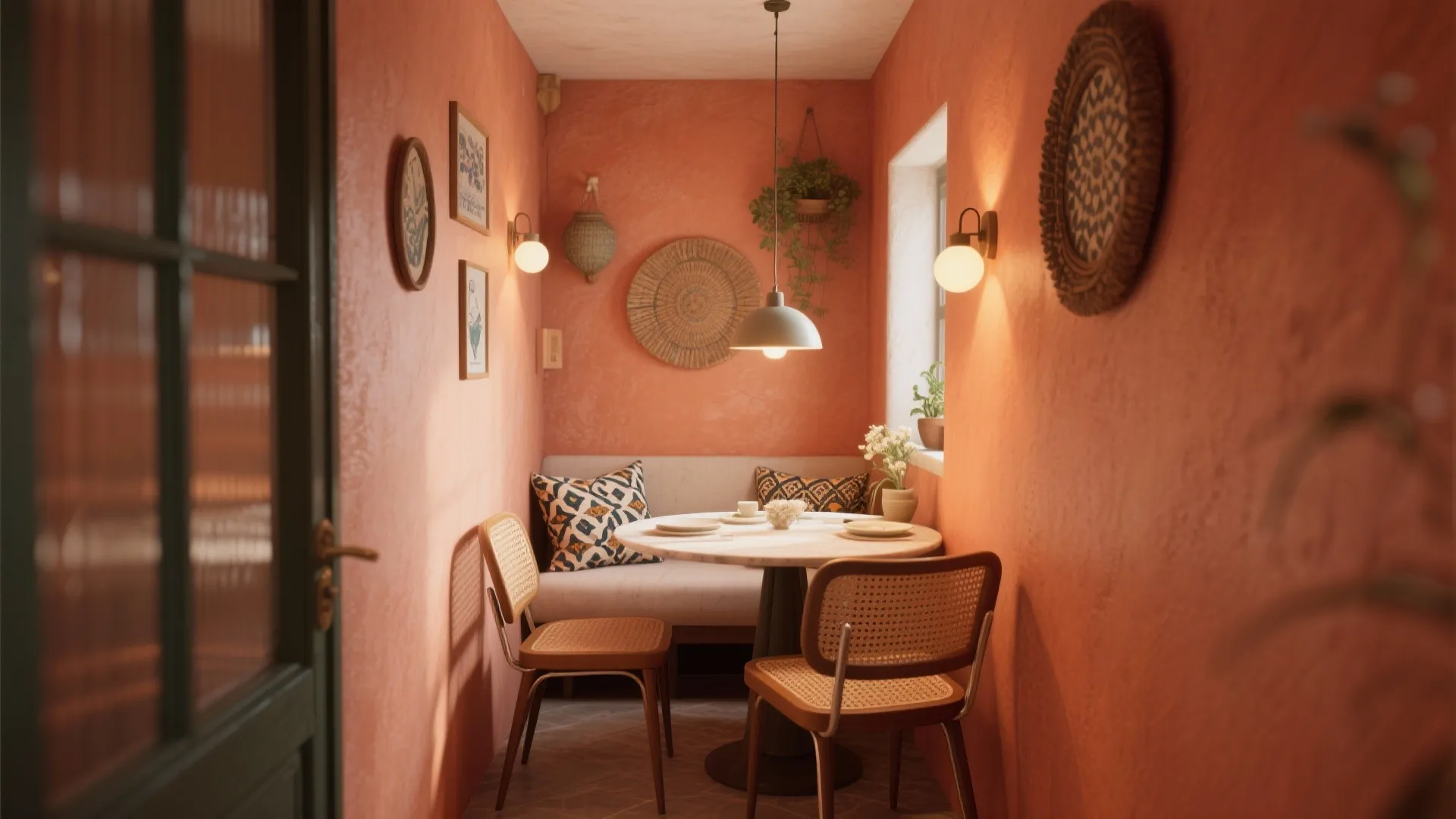 Small dining nook with orange walls marble table wooden chairs wall lights and decorative plates