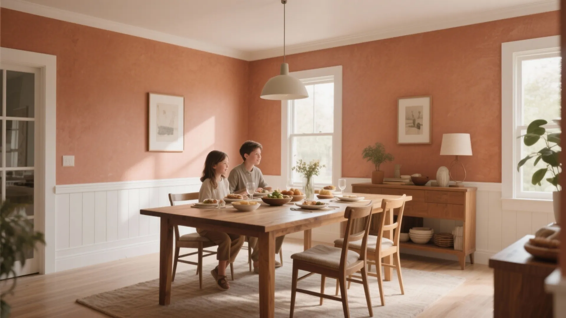 Family dining room with muted terracotta walls and off-white trim