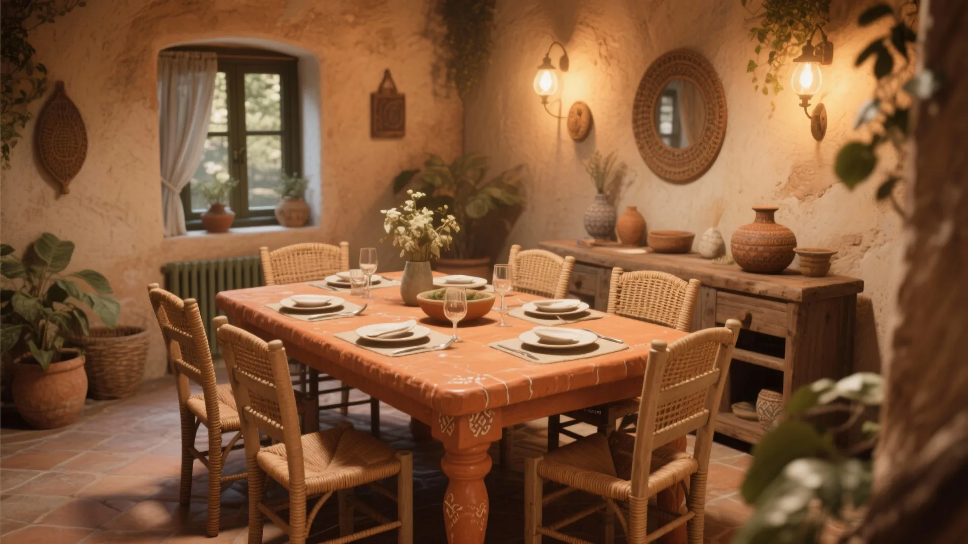 Rustic dining room with orange table cloth woven chairs wall light and terracotta floor tiles