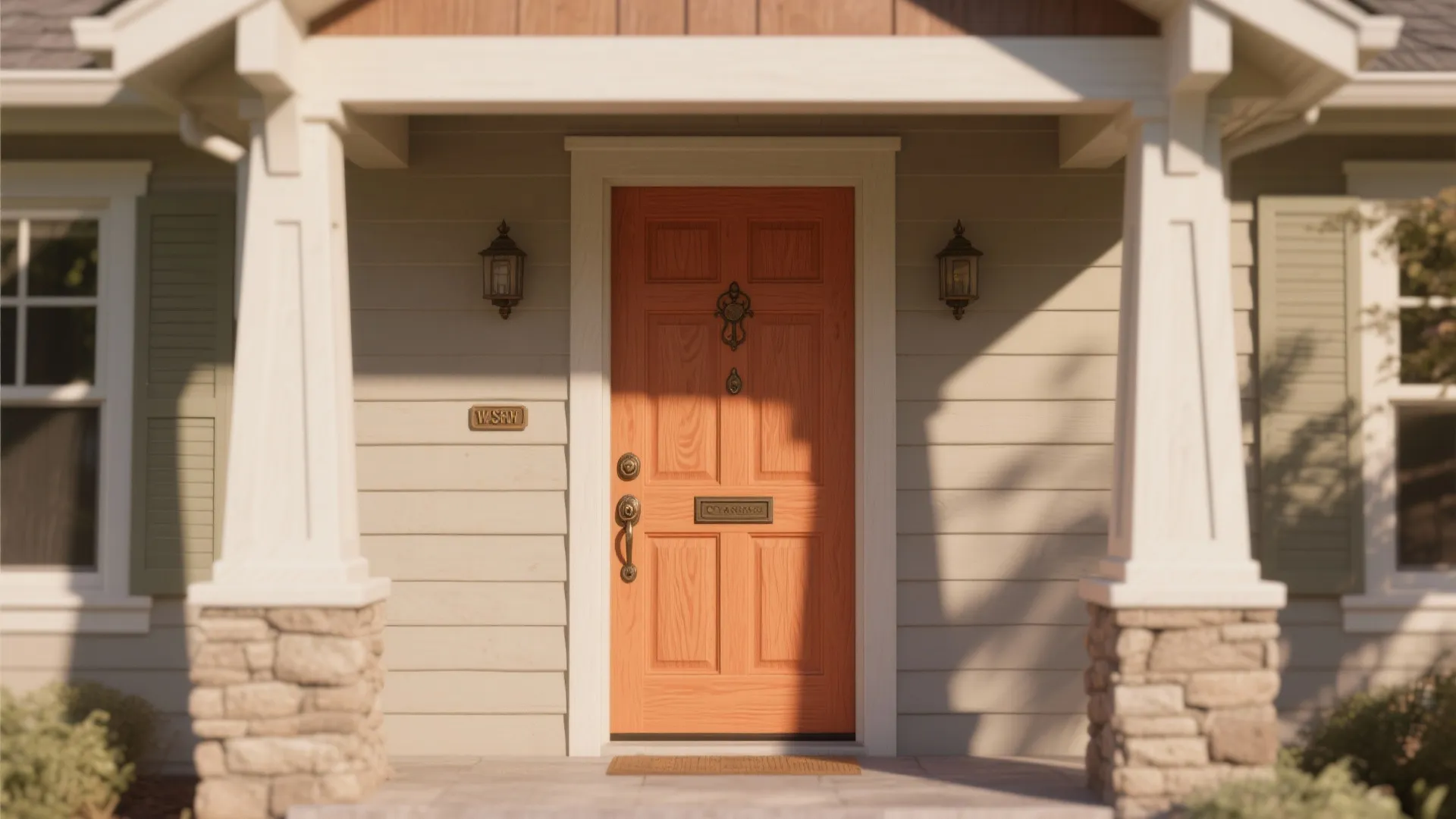 Terracotta front door with brass handle under a white porch with stone pillars and lights