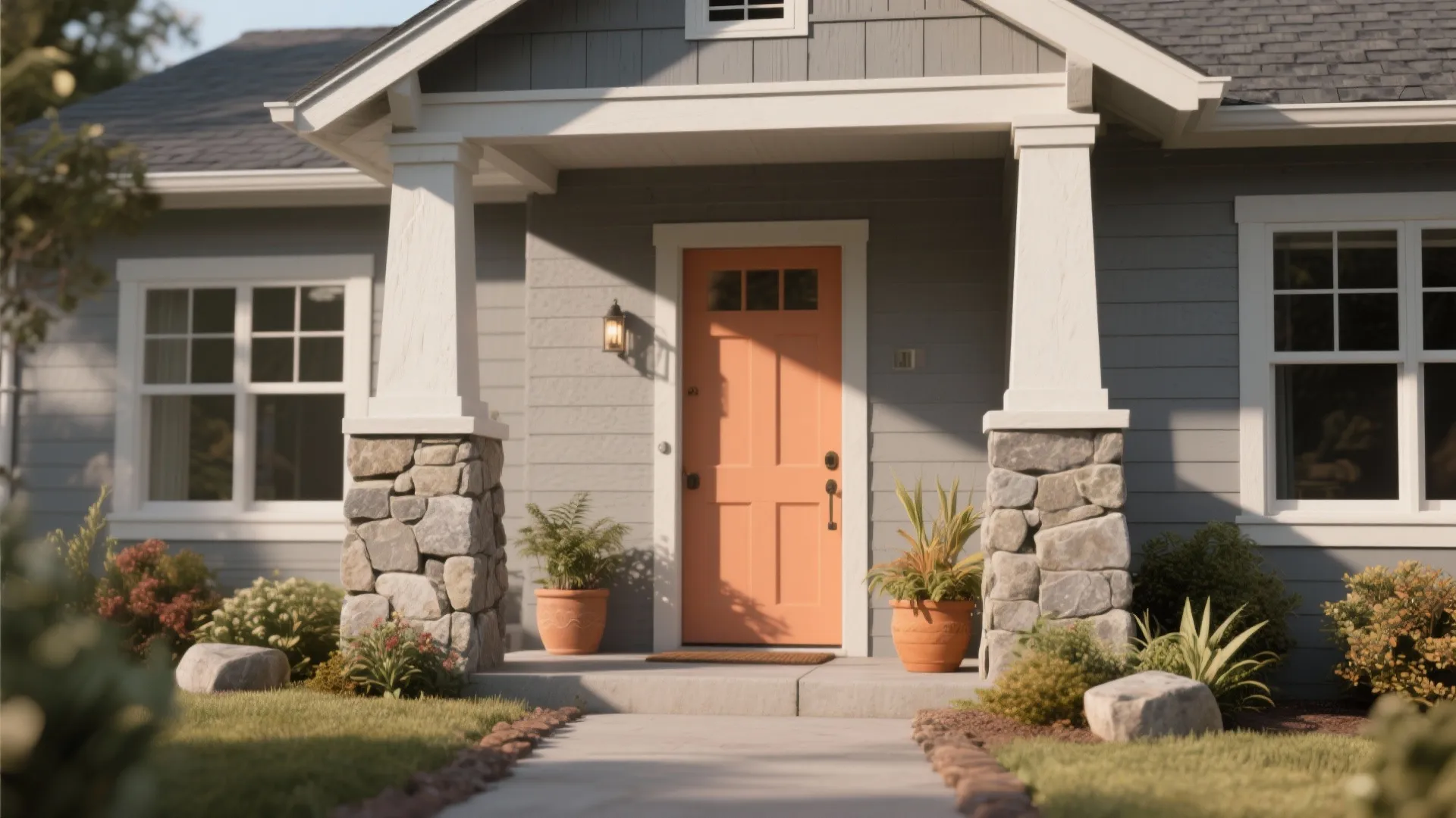Modern house exterior featuring peach front door white columns stone base wall light and potted plants