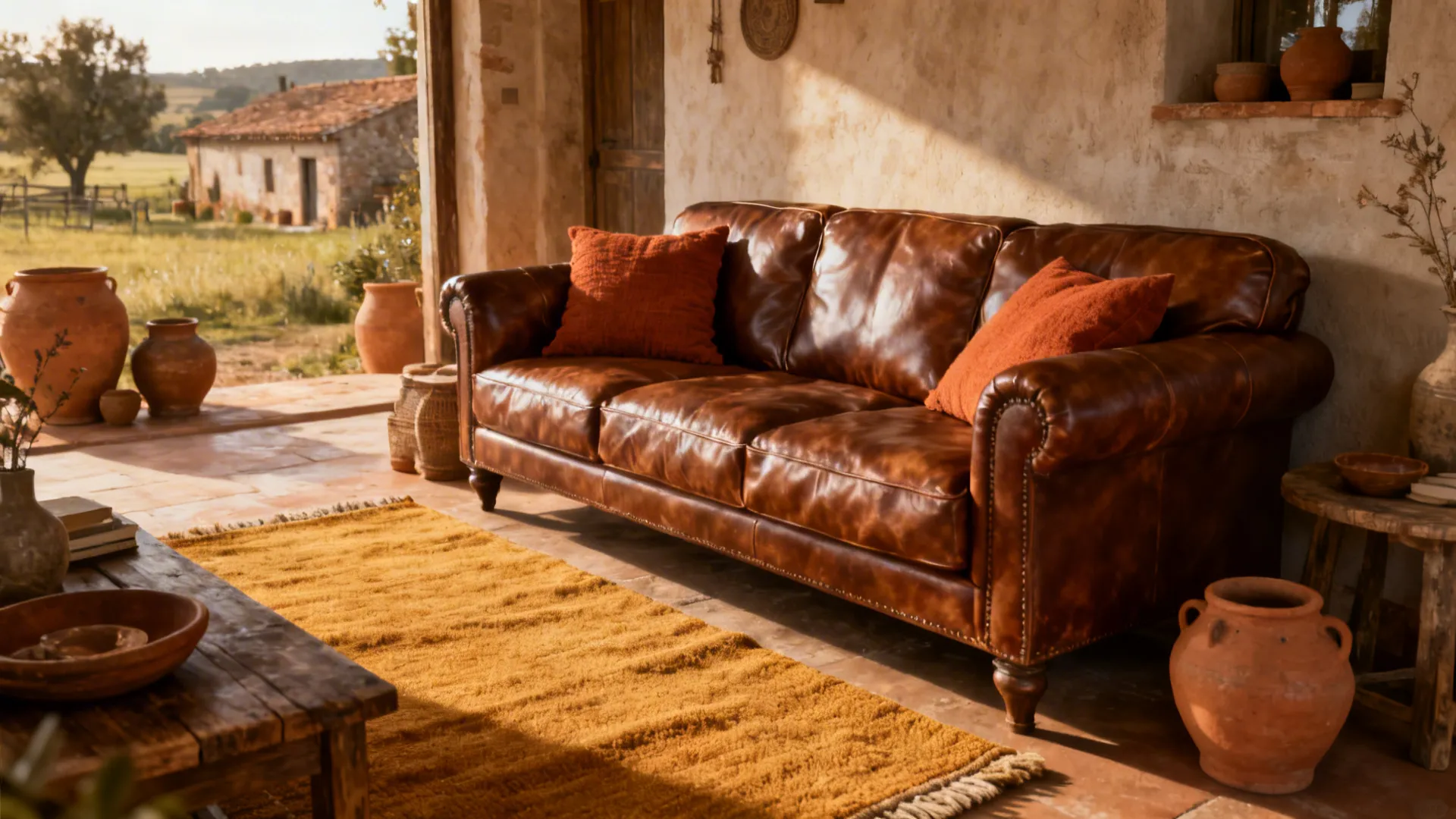 Brown leather sofa with terracotta cushions and earthy accents in a rustic room