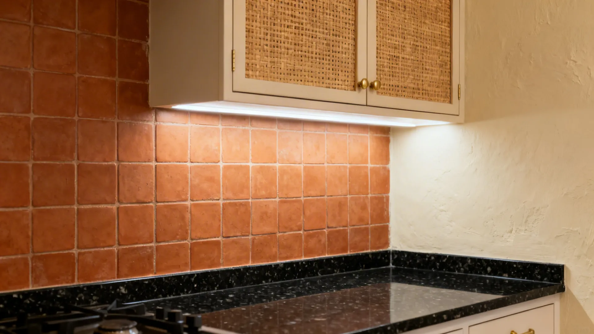 Compact kitchen with terracotta hex backsplash, lime-wash walls, and cane-front cabinets.
