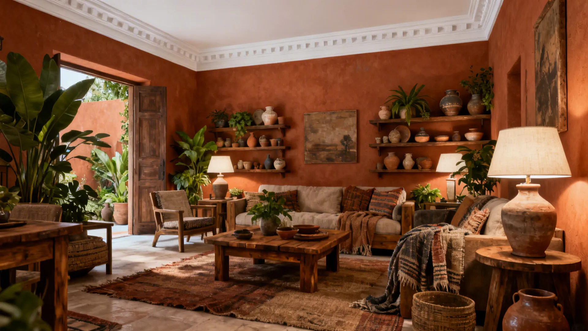 Earthy living room with terracotta walls, brown wood furniture and ceramics