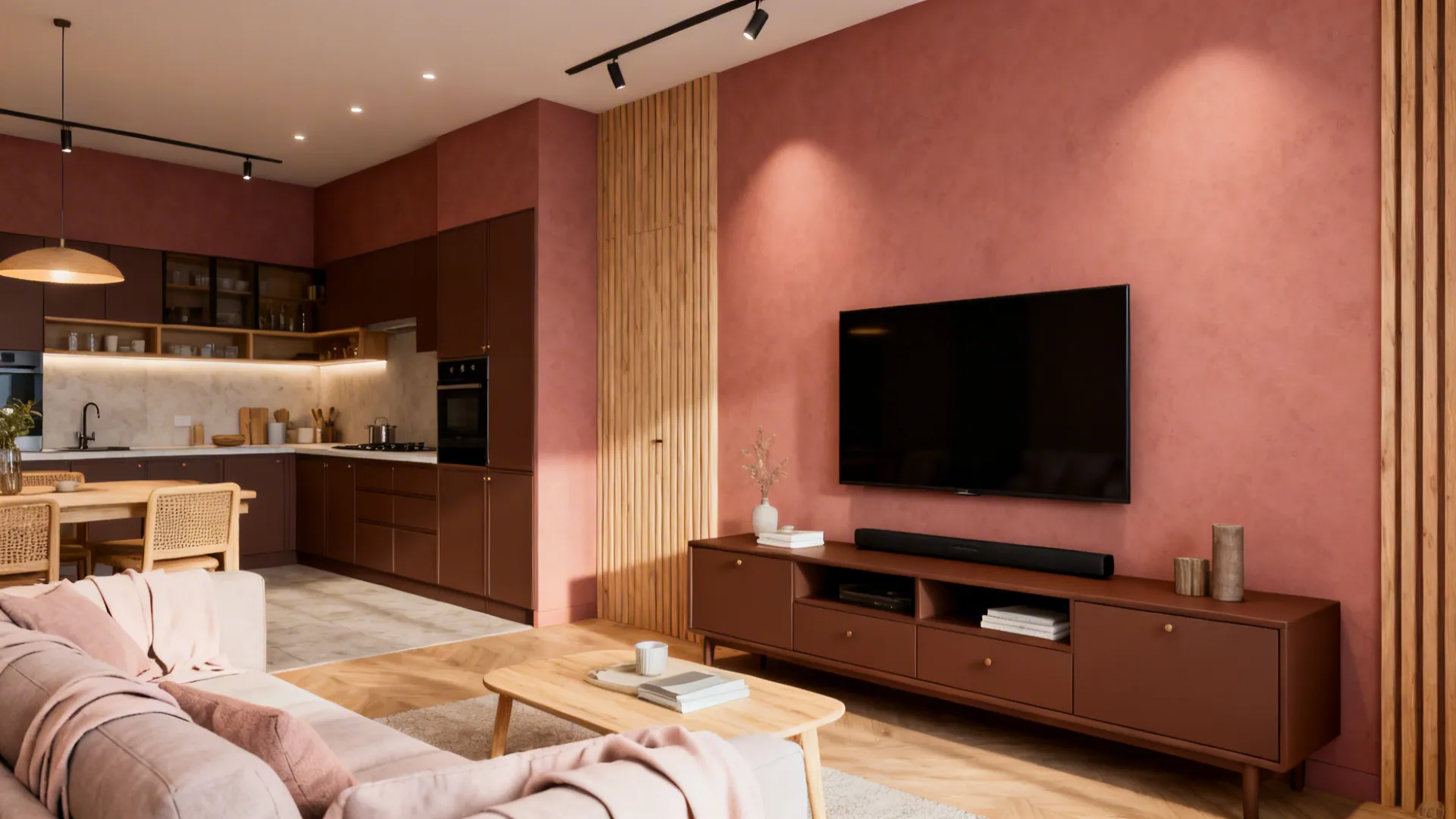 Open-plan living with terracotta pink accents and espresso-brown cabinetry with light wood touches