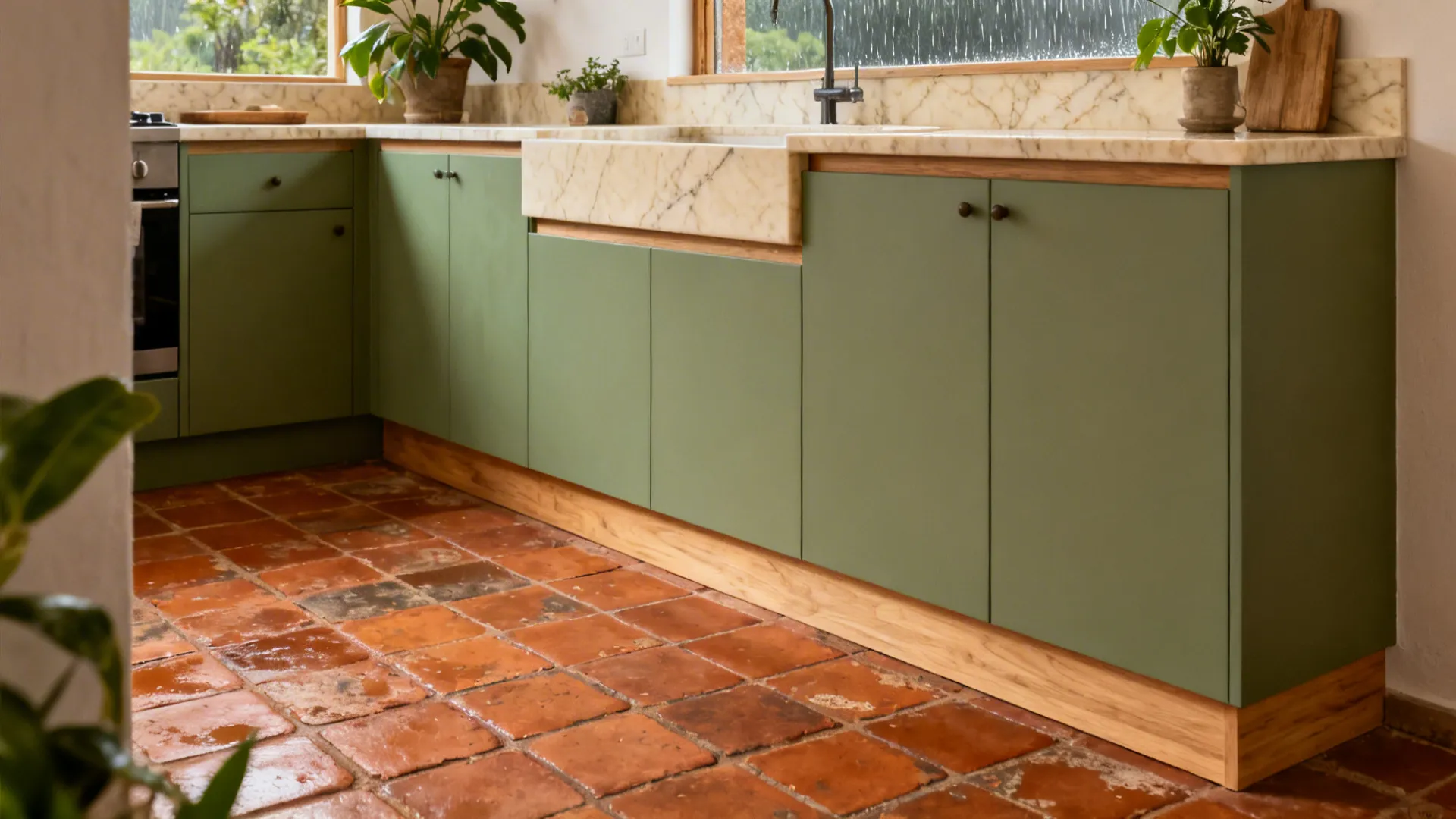Terracotta tile floor with eucalyptus-green cabinets and creamy quartz in soft daylight.