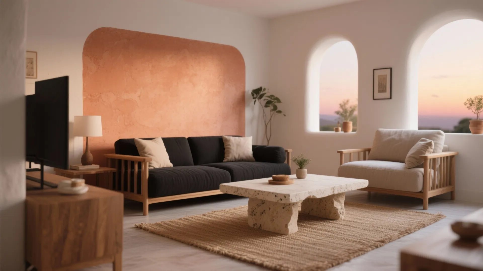 Modern living room with terracotta wall, black sofa, stone table, beige rug, and arched windows