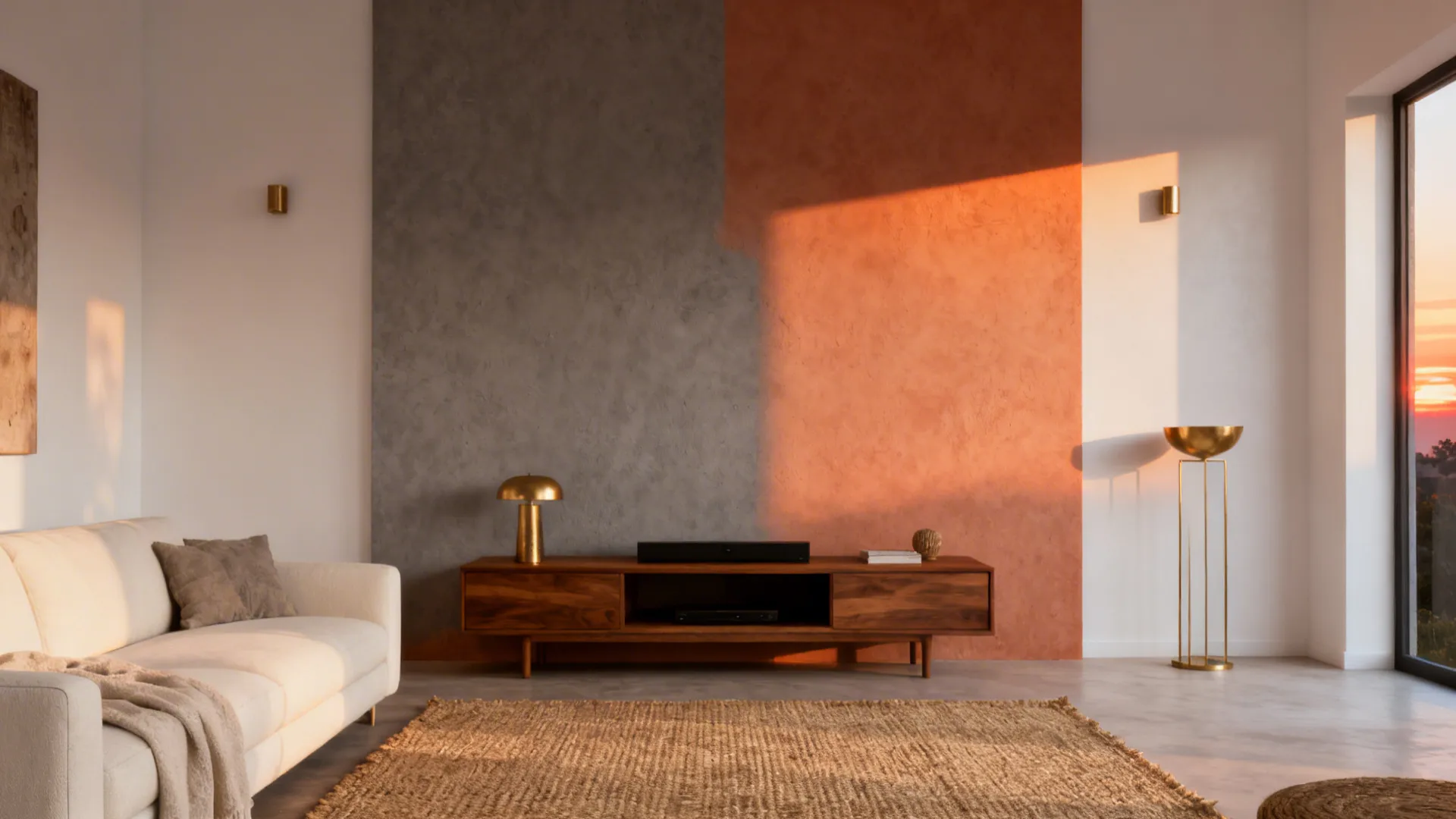 Living room with terracotta and grey feature wall wooden cabinet white sofa and natural sunlight