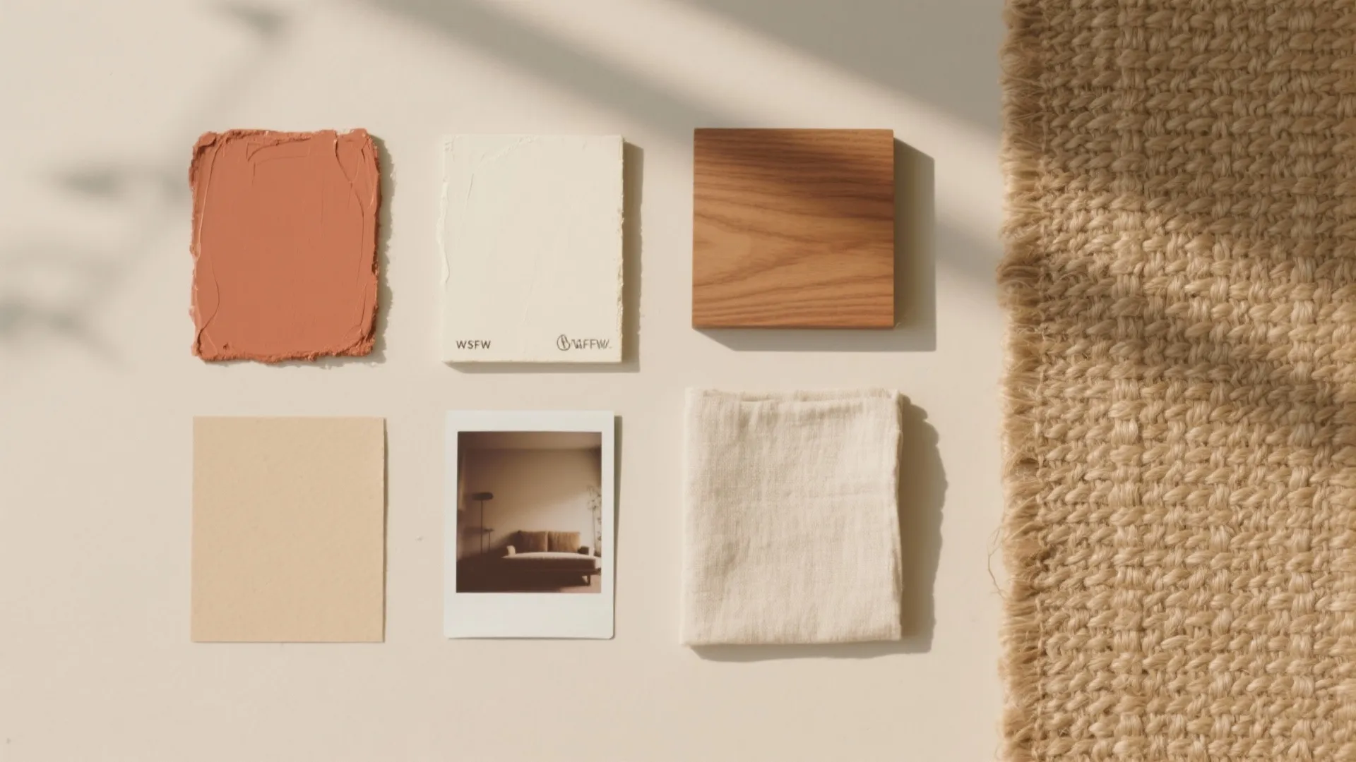 Interior design mood board with terracotta paint samples wood blocks fabric swatches and a small photo