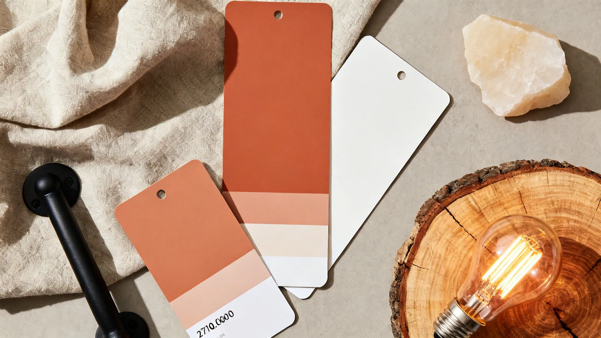 Top-down flatlay with terracotta and chalky white swatches, matte black hardware, linen, quartz, and wood.