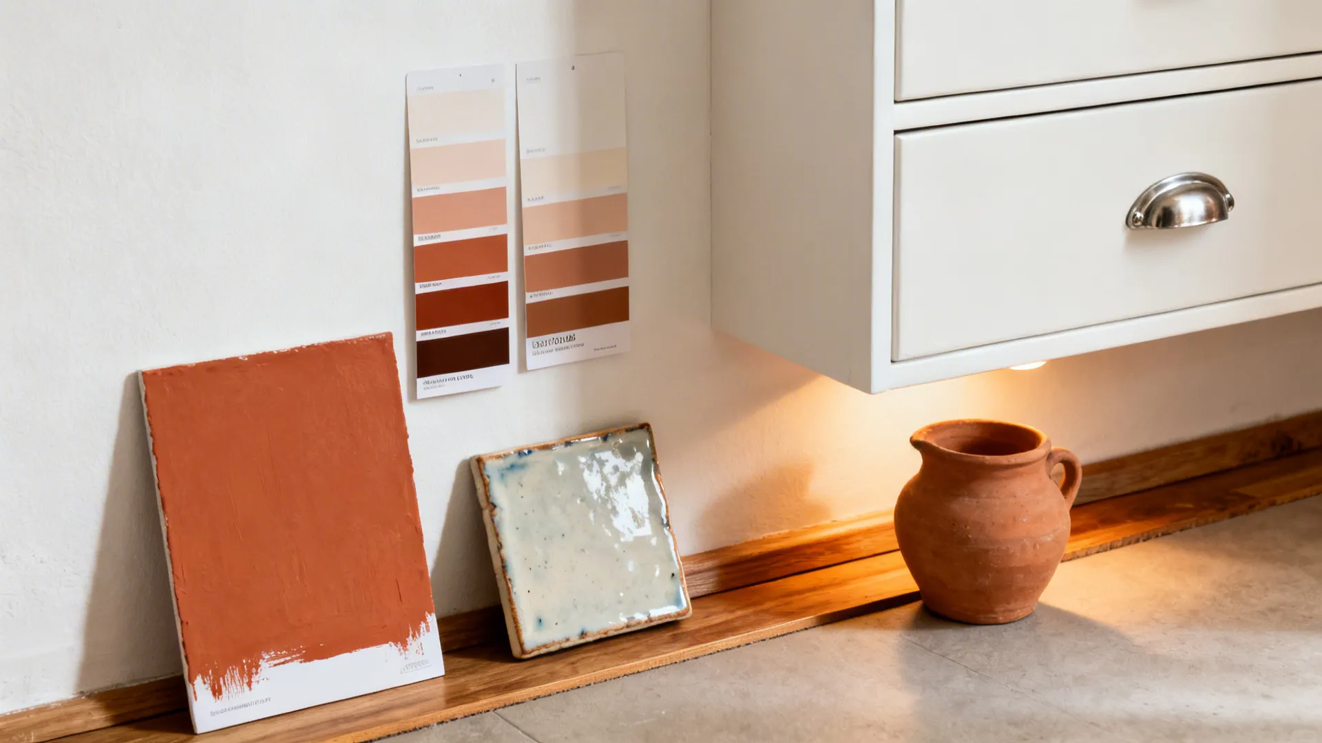 Flatlay with off-white swatches, terracotta paint and tile, clay pot, and brushed hardware.