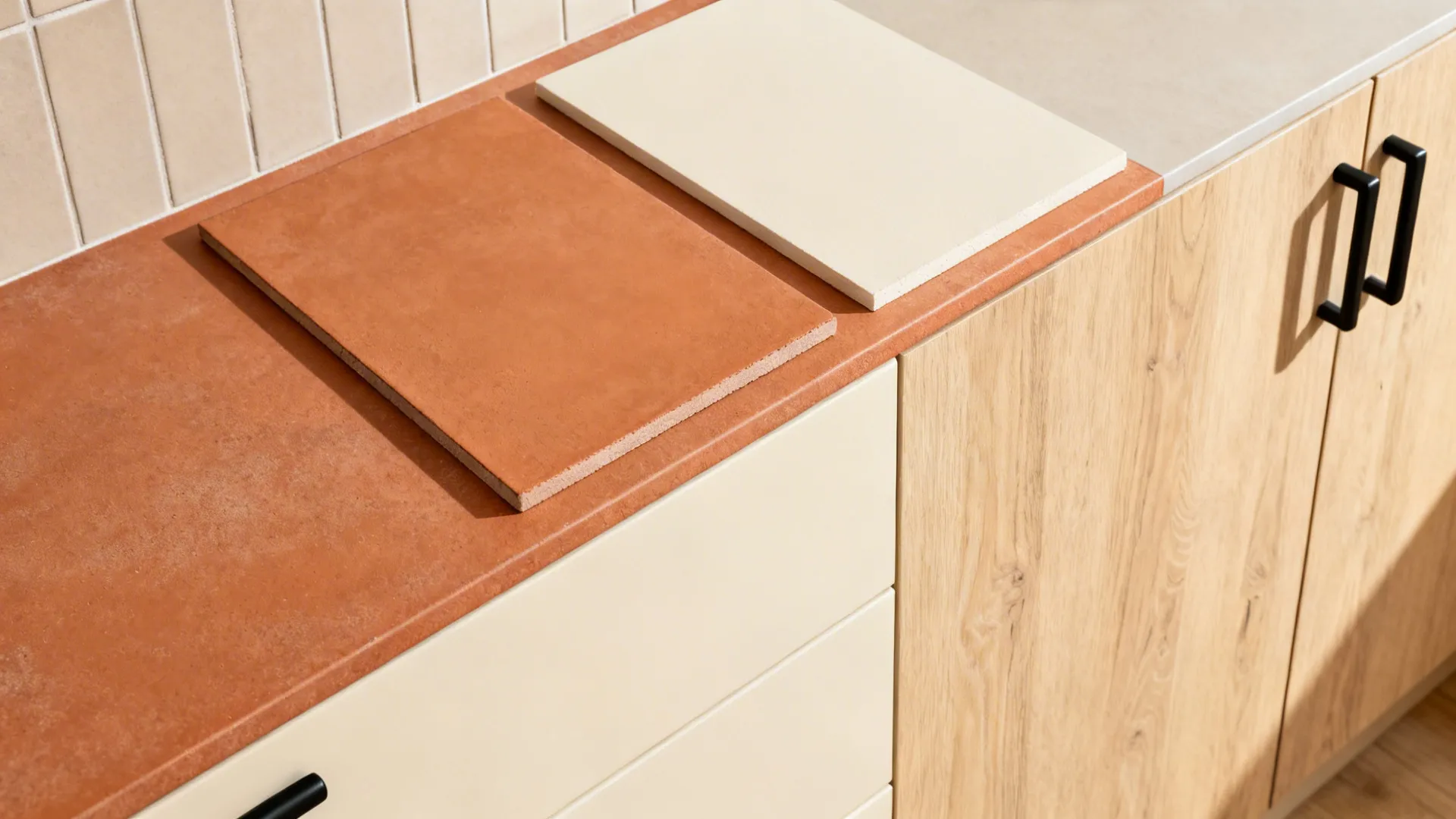 Top-down palette with muted terracotta surface, cream and ash wood swatches, and black hardware.
