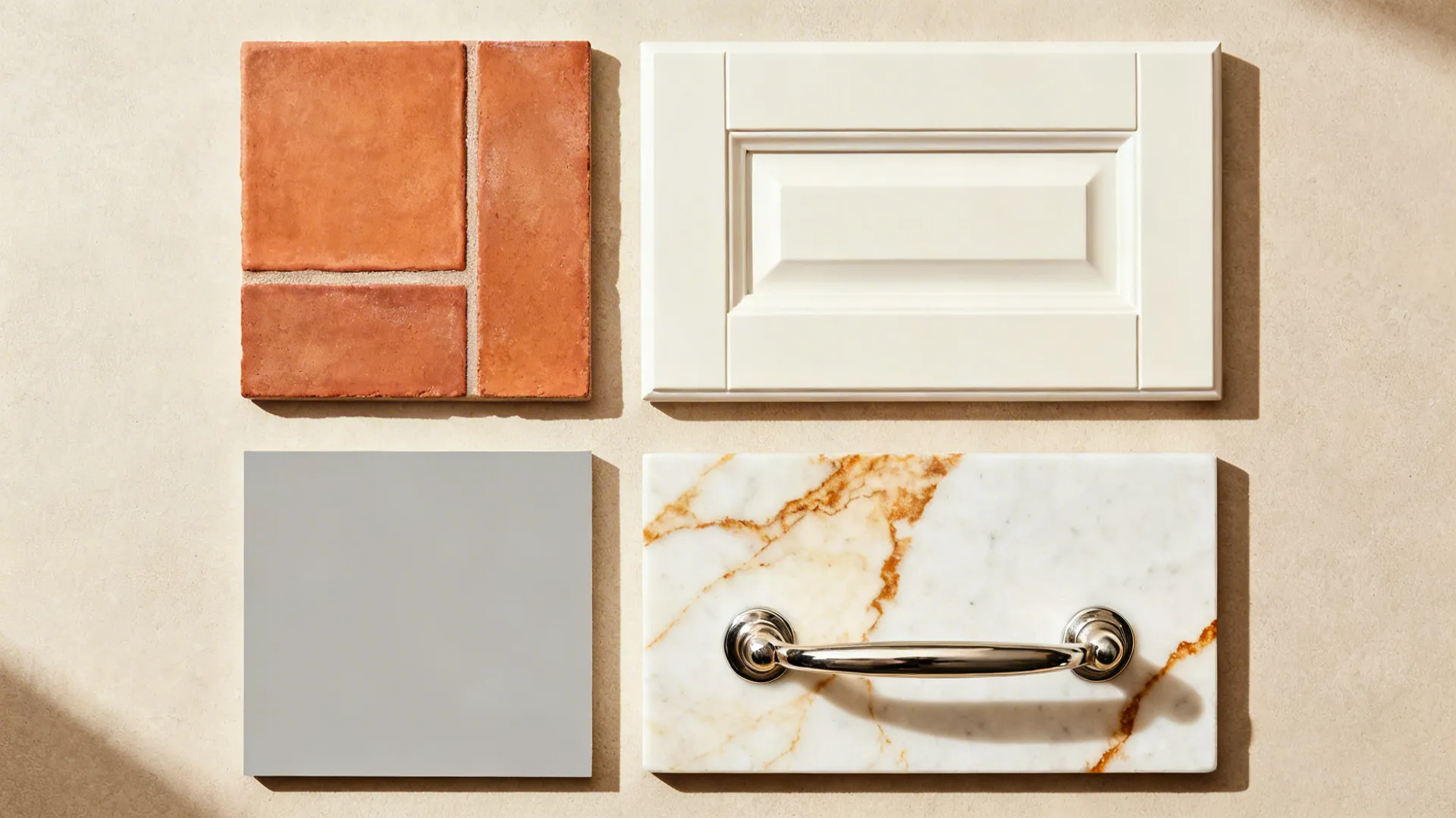 Flat lay of terracotta tile, off-white cabinet swatch, warm grey paint, and quartz sample.