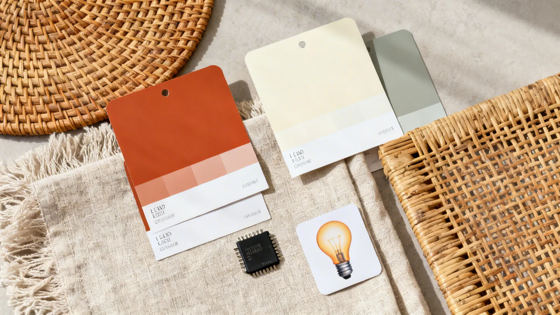 Top-down material flat lay with terracotta swatches, linen, rattan, and matte black accents.