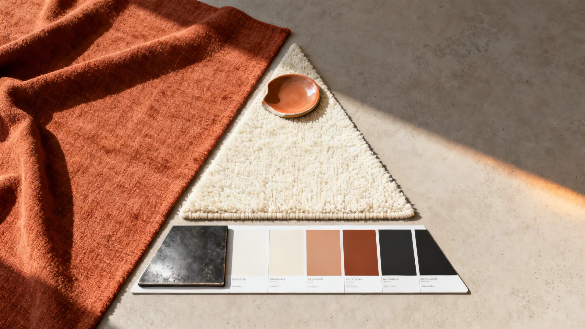 Flatlay of terracotta textiles and ceramic with cream rug swatch and charcoal metal sample.