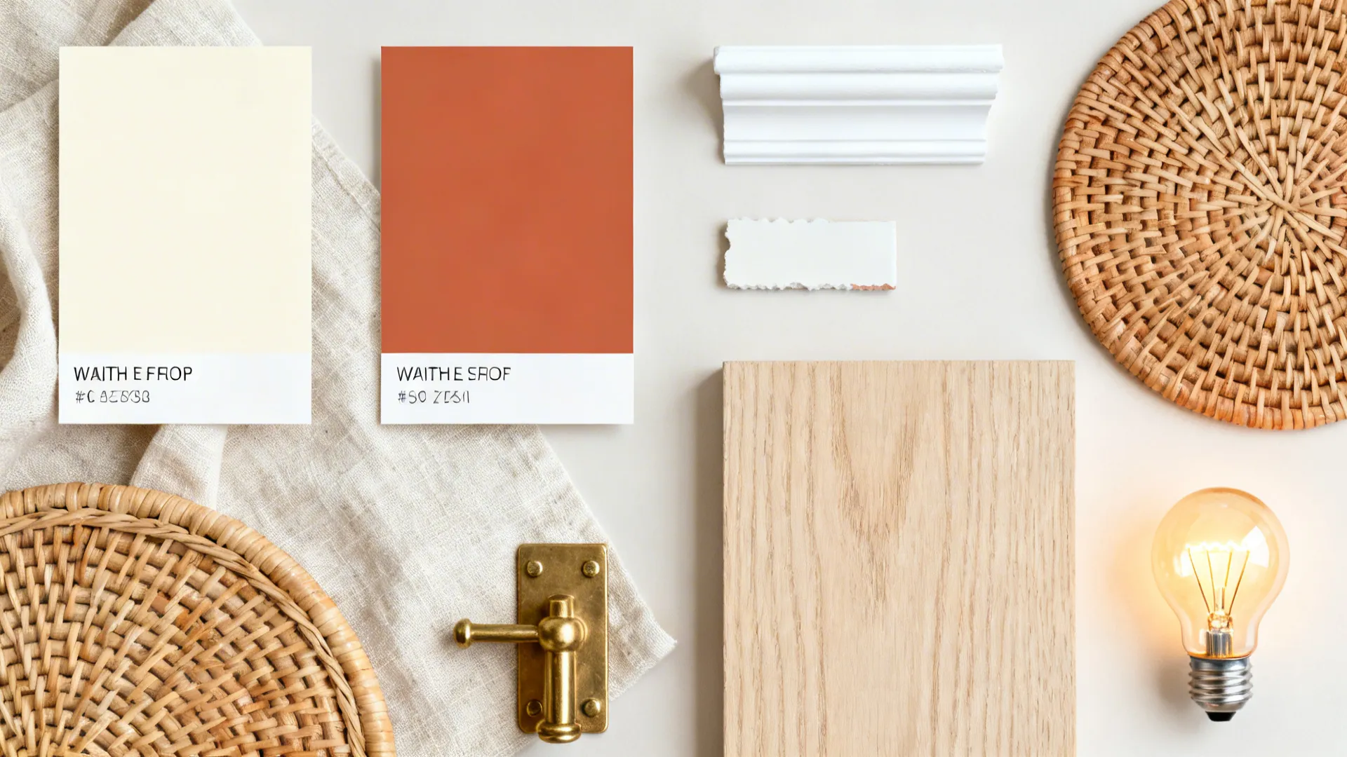 Interior design flat lay with cream terracotta color swatches wood board and white wall panel