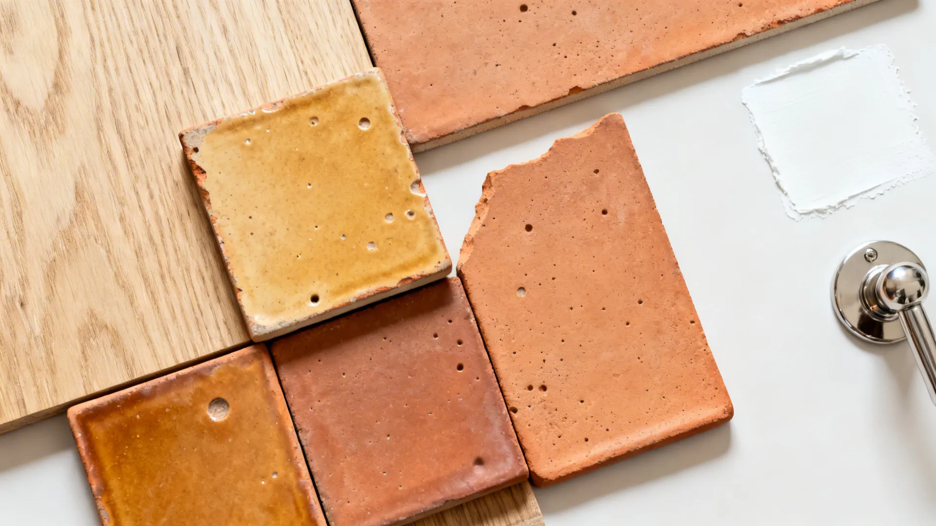 Top-down flatlay of terracotta-look ceramic tiles with oak, white paint, and nickel hardware.