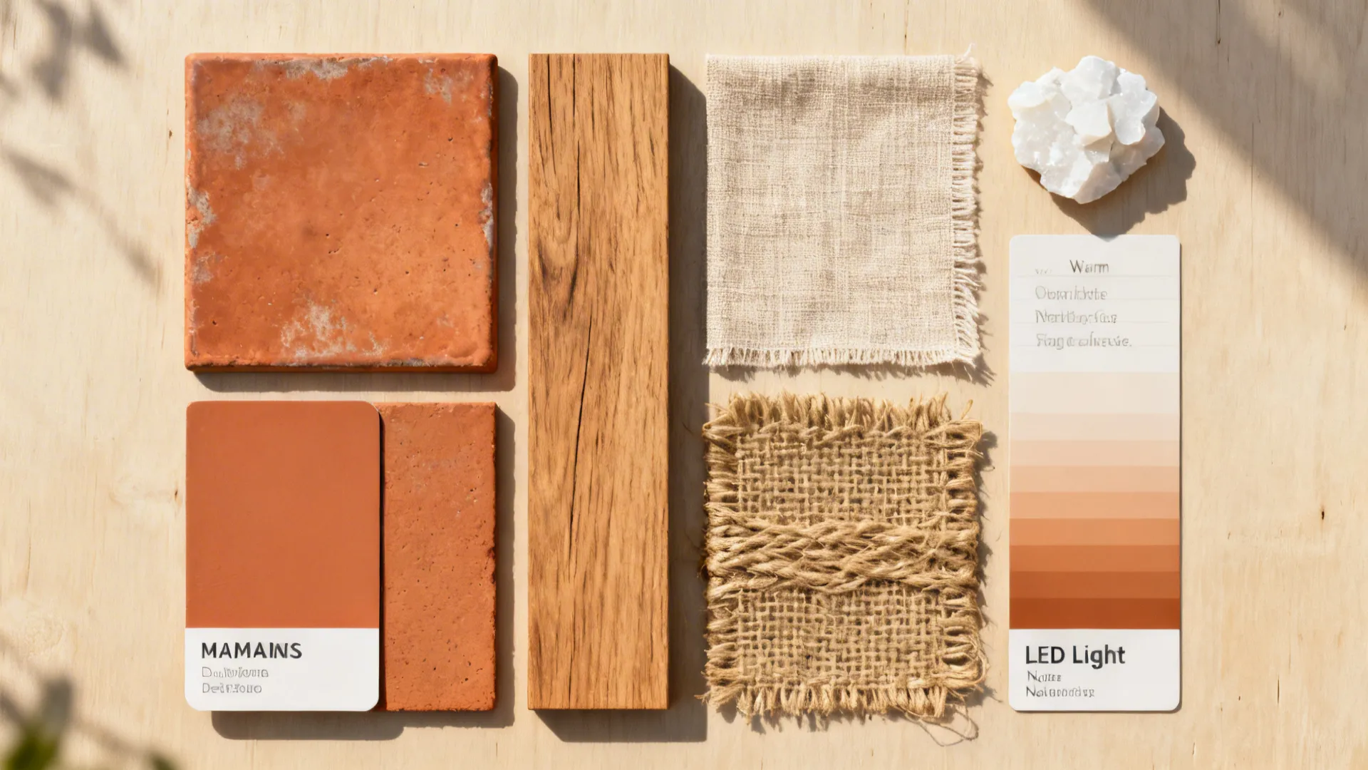 Flat lay mood board with terracotta tiles wood plank linen fabric and warm color palette
