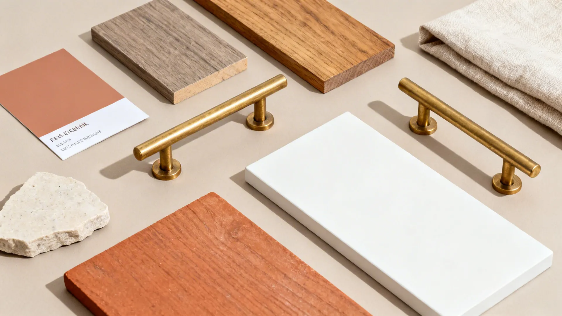 Flat lay of interior design materials including wood samples brass handles stone and white tile pieces