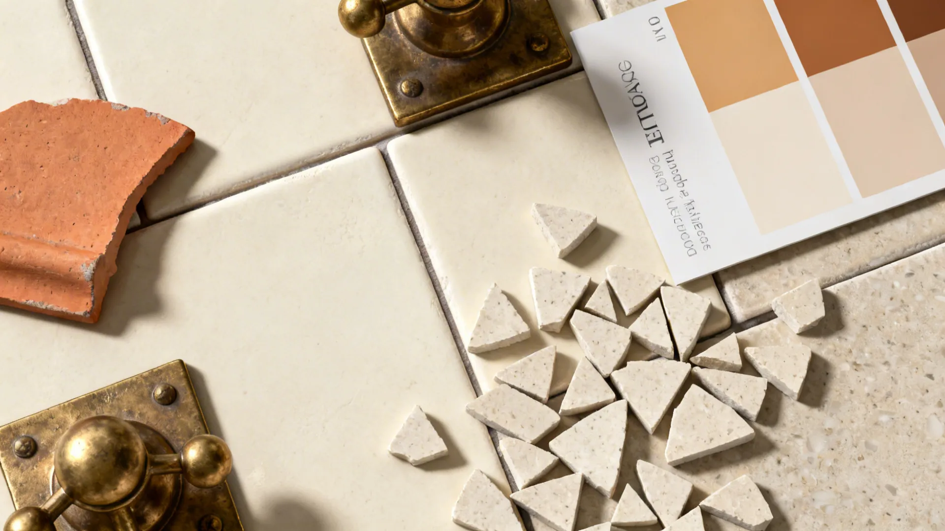 Cream tiles with small stone triangles and brown color sample card with vintage brass handles