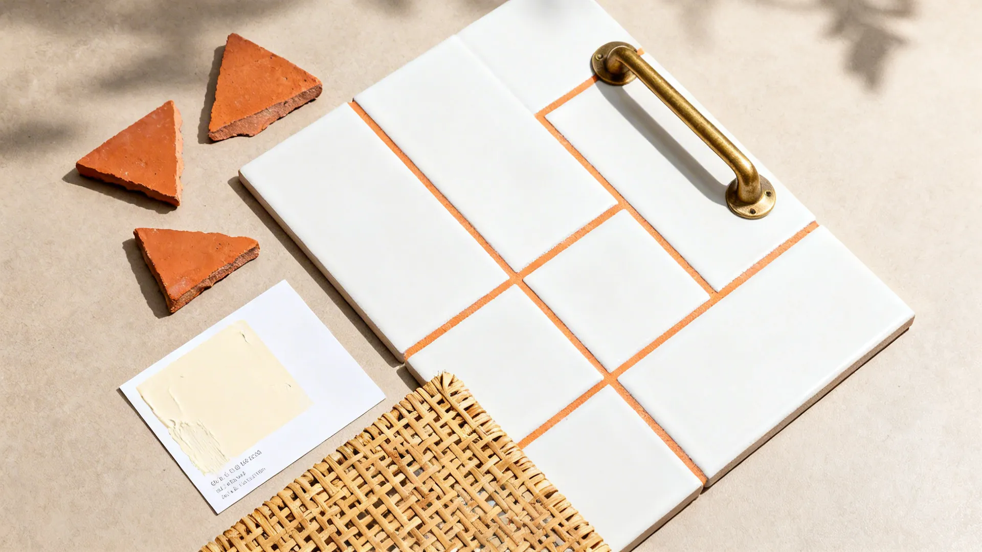 Interior design material board with white tiles orange grout gold handle and woven texture pieces