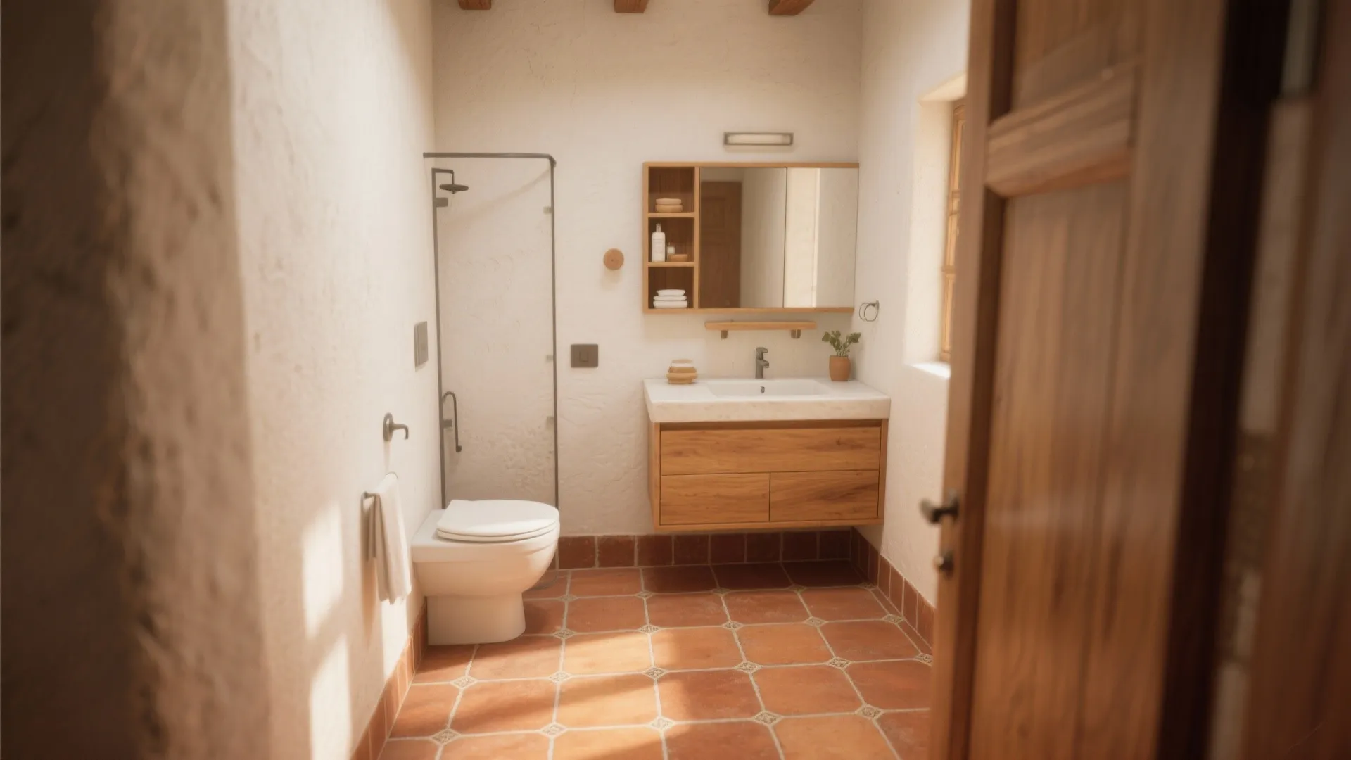 Mediterranean bathroom with orange floor tiles white toilet wooden cabinet sink mirror and natural light