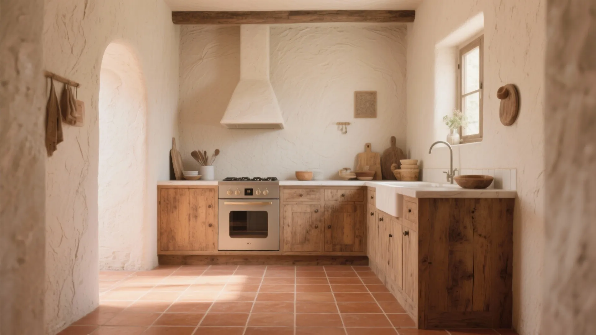 1. Warm terracotta floors and plaster walls