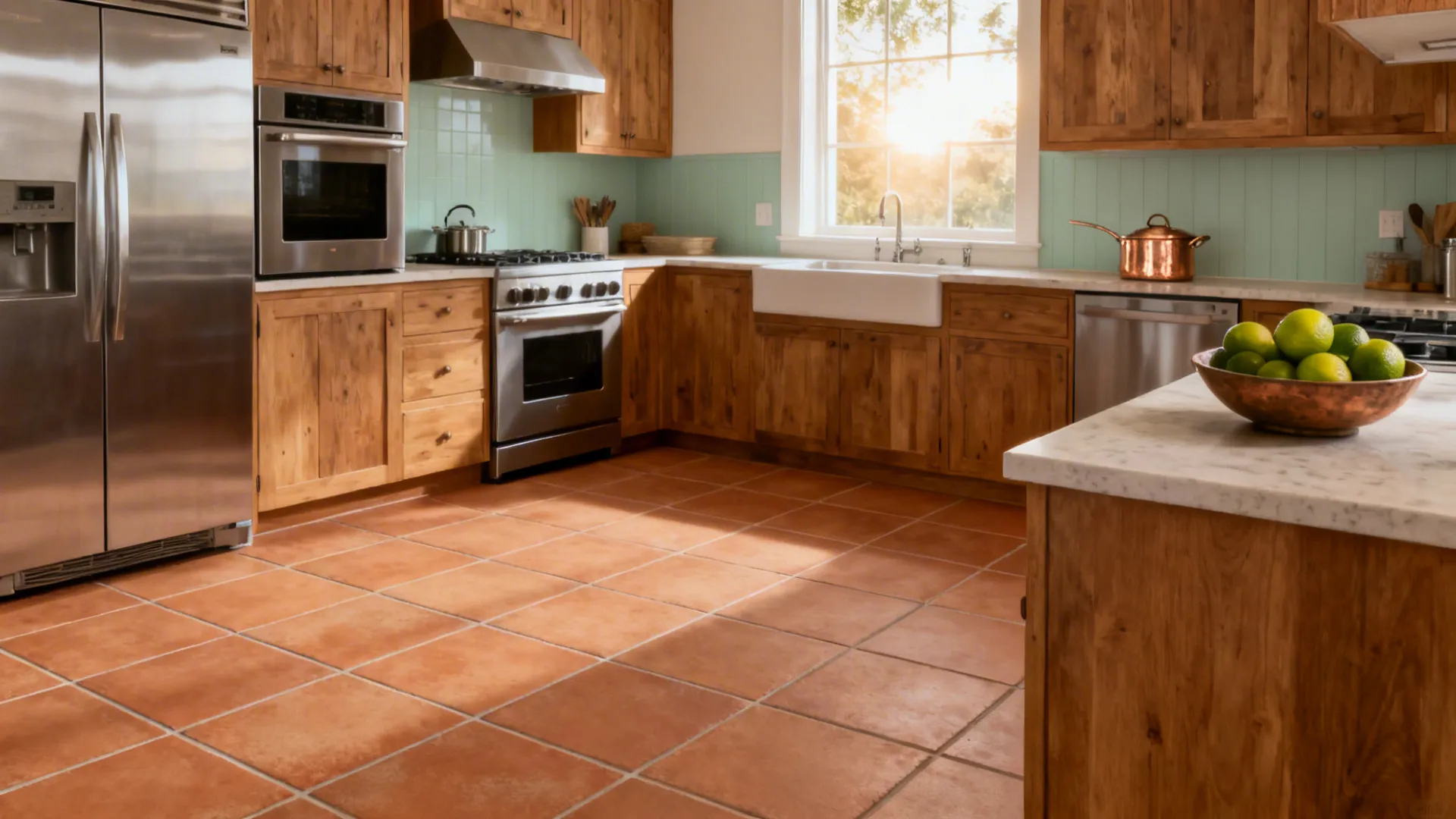 Indian kitchen with terracotta-look porcelain floor tiles and pale sage backsplash.