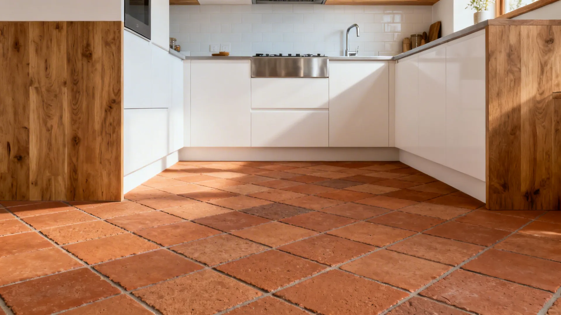 Terracotta and warm stone-look floor tiles