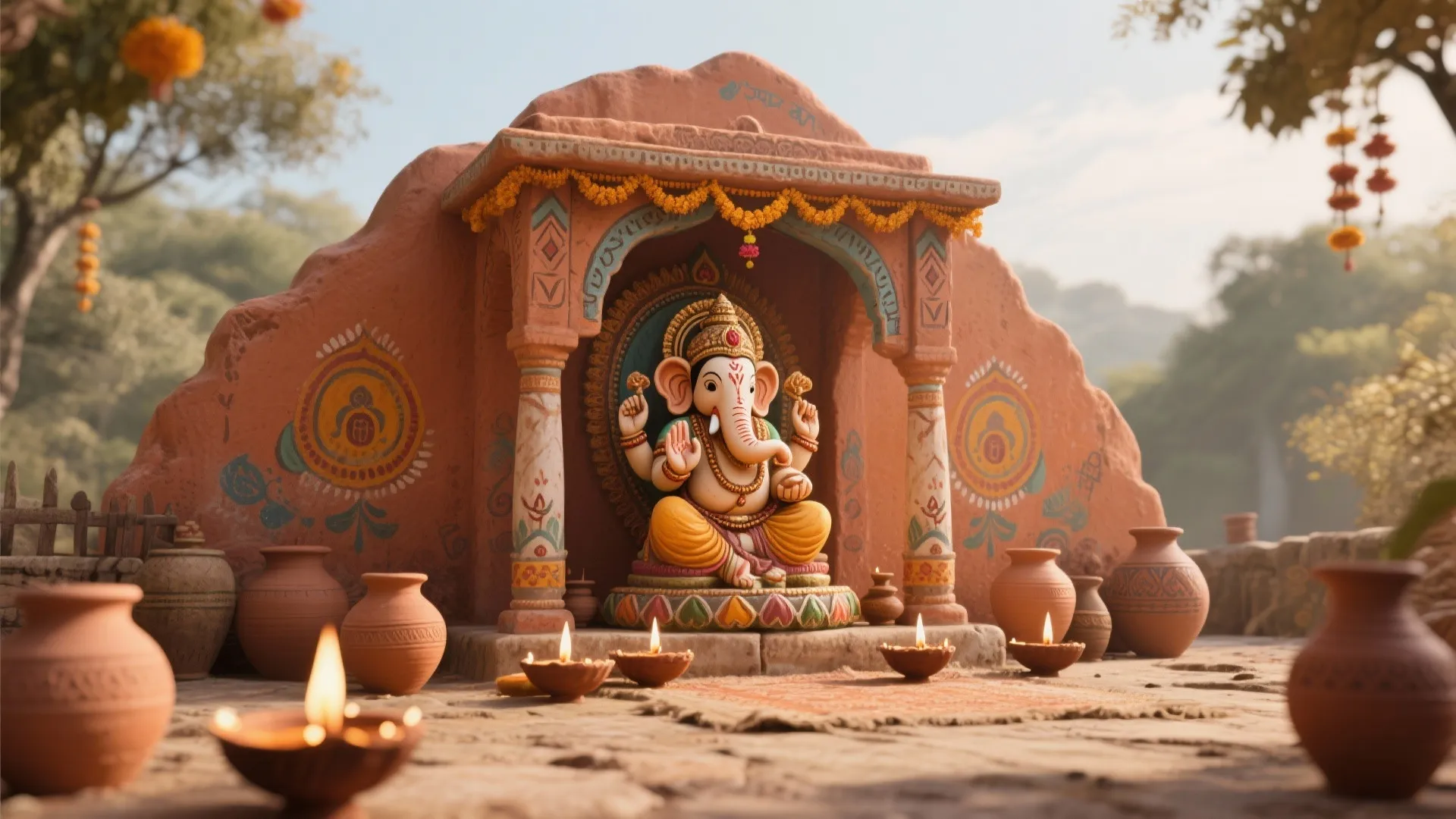 Small clay shrine holding Ganesha statue with terracotta pots and oil lamps on stone ground floor