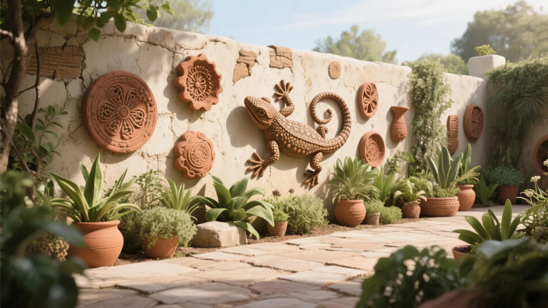 White garden wall decorated with clay lizard sculpture and round clay art beside potted plants
