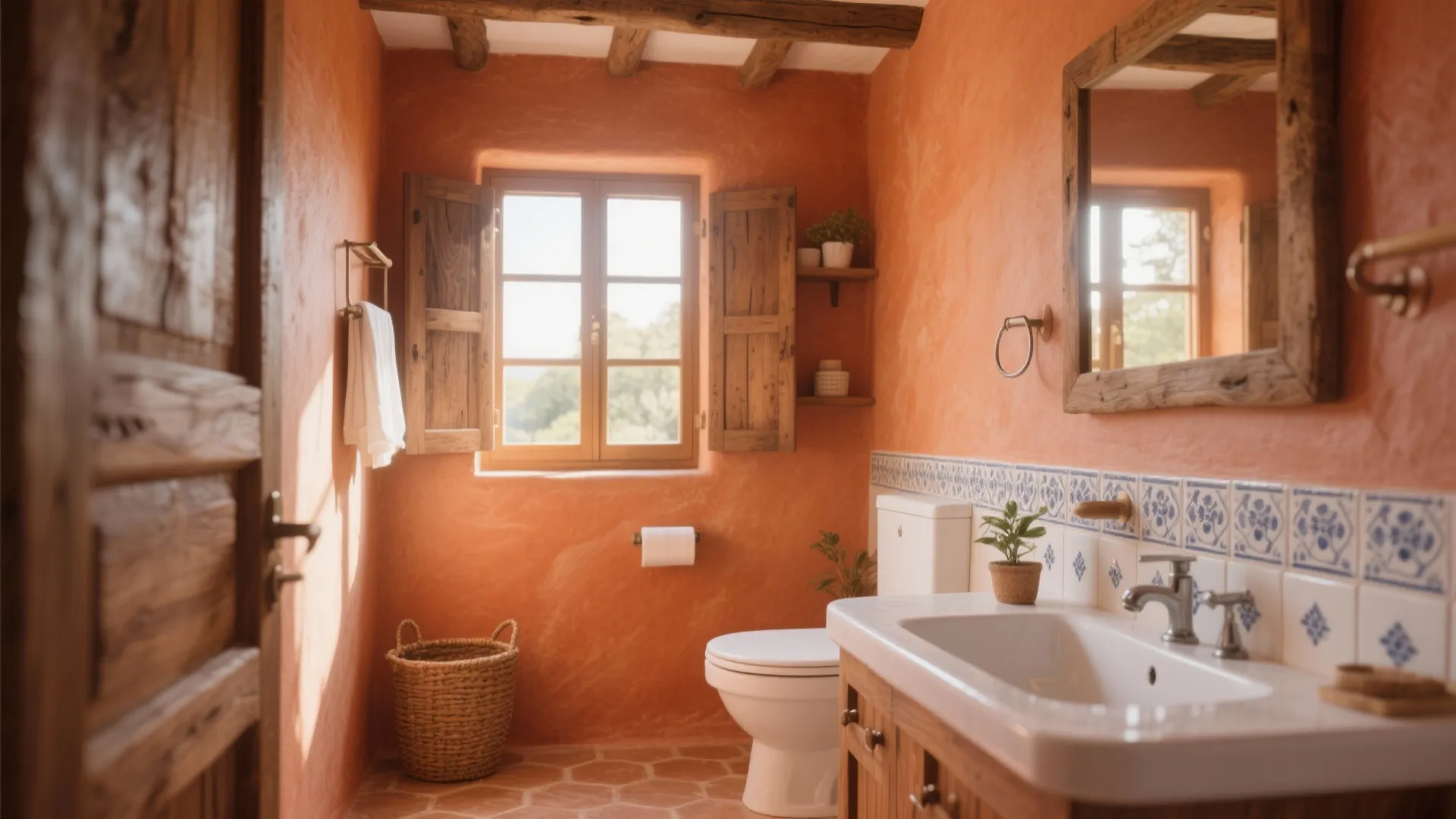 Rustic orange bathroom with wooden window shutters white sink toilet mirror and blue pattern wall tiles