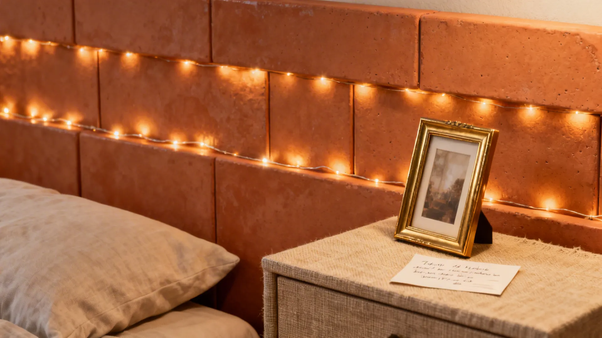 Close-up of terracotta panel, amber glow, brass frame, and linen textures.