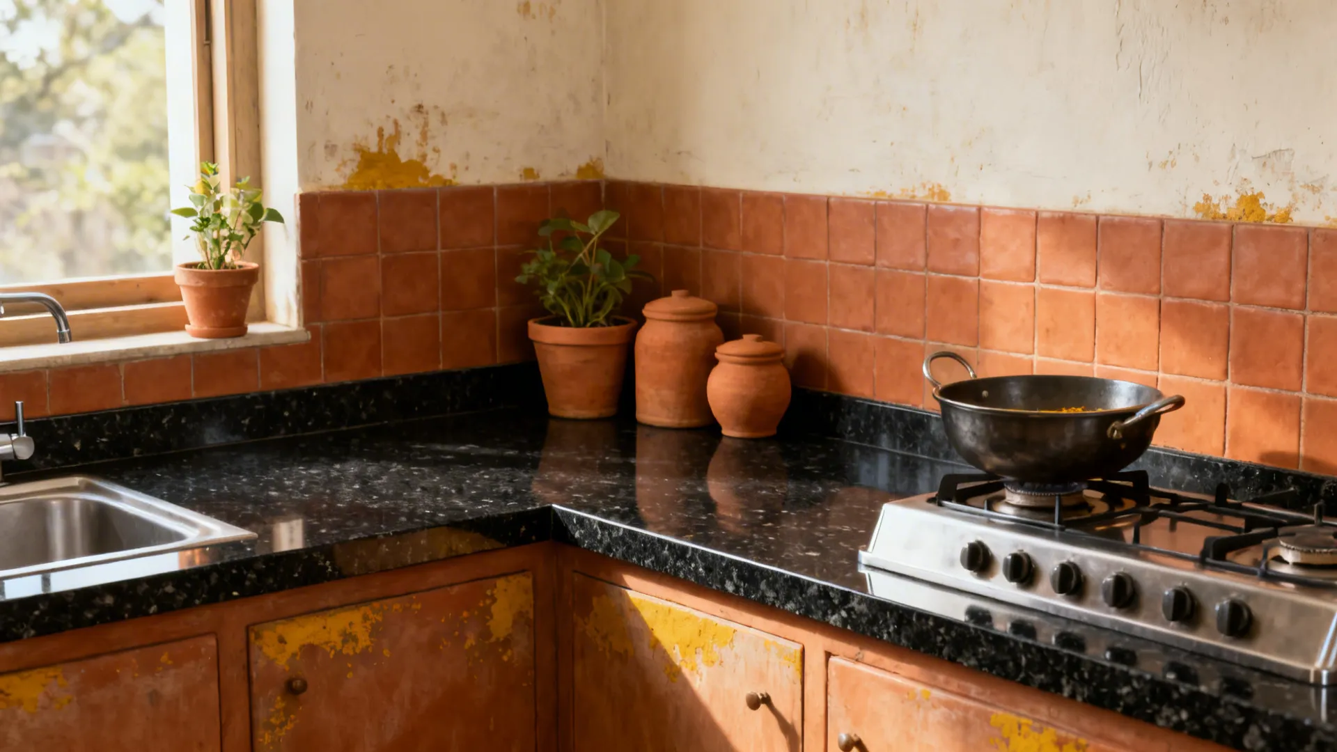 Black granite counter with terracotta ceramic backsplash and unglazed terracotta accents in a Kerala kitchen.